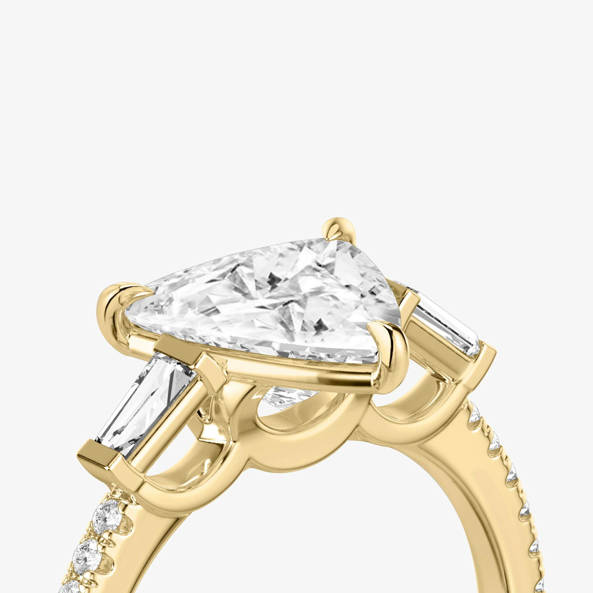 The Three Stone | Trillion | 18k | Yellow Gold | bandAccent: Pavé | sideStoneCarat: 0.10ct | sideStoneShape: Tapered Baguette | diamondOrientation: vertical | caratWeight: other