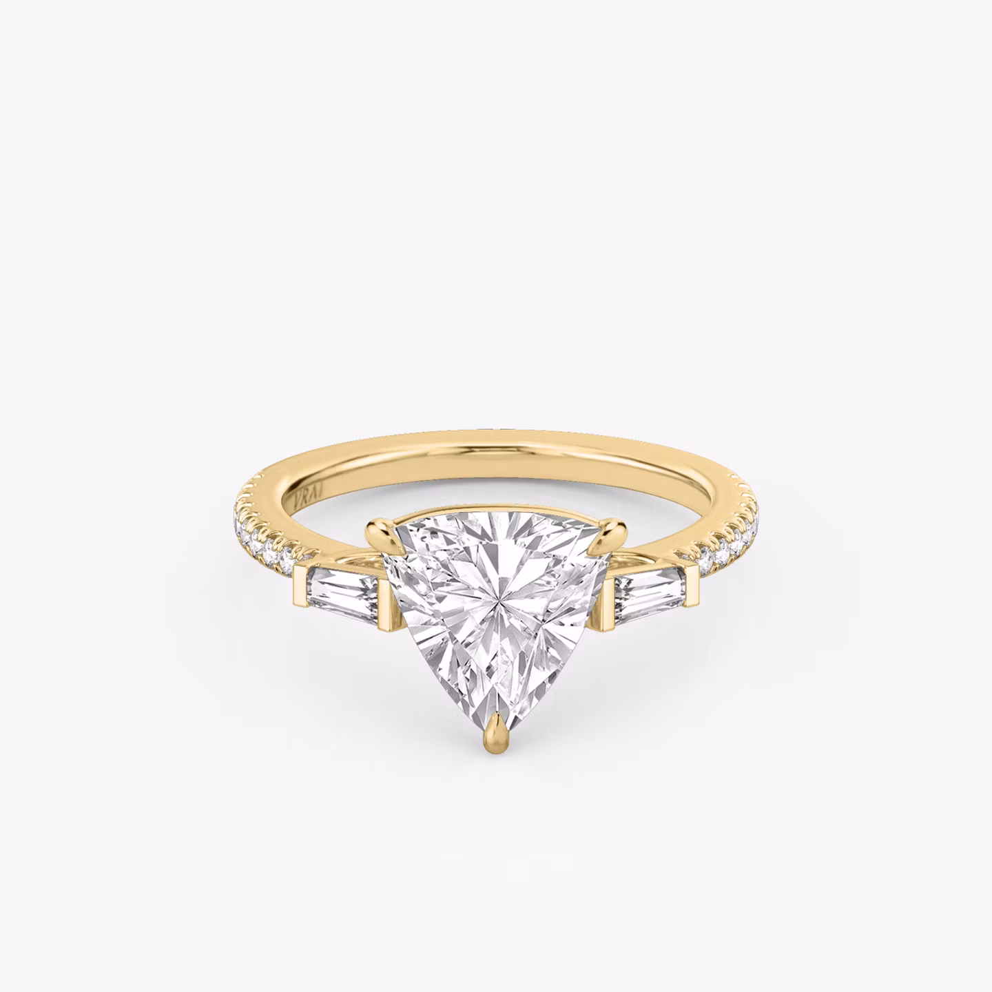 The Three Stone | Trillion | 18k | Yellow Gold | bandAccent: Pavé | sideStoneCarat: 0.10ct | sideStoneShape: Tapered Baguette | diamondOrientation: vertical | caratWeight: other