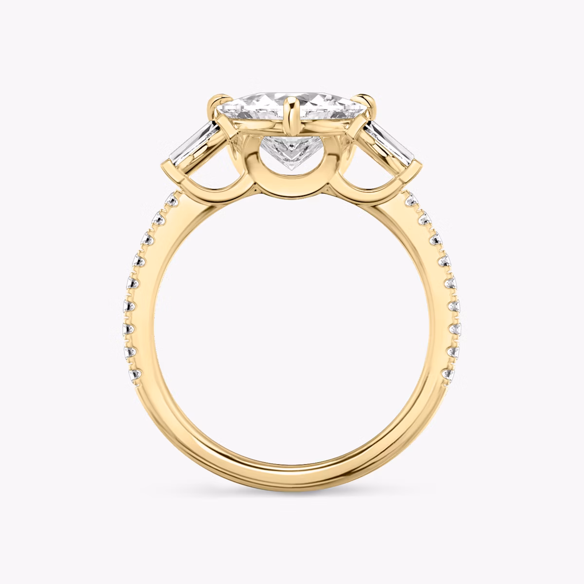 The Three Stone | Trillion | 18k | Yellow Gold | bandAccent: Pavé | sideStoneCarat: 0.10ct | sideStoneShape: Tapered Baguette | diamondOrientation: vertical | caratWeight: other