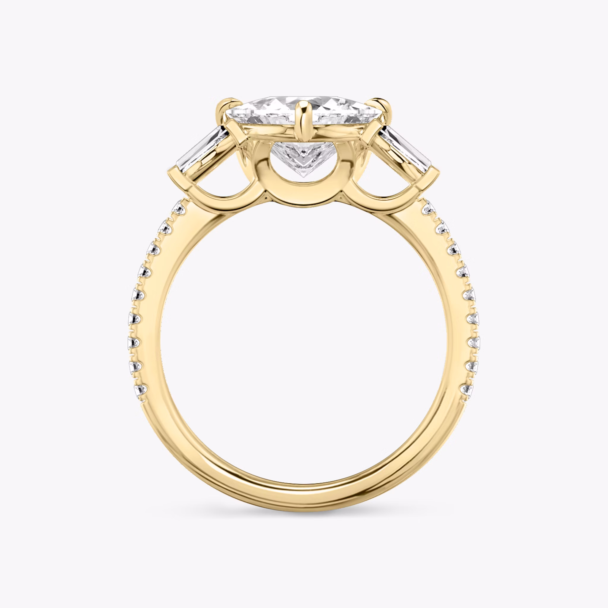 The Three Stone | Trillion | 18k | Yellow Gold | bandAccent: Pavé | sideStoneCarat: 0.10ct | sideStoneShape: Tapered Baguette | diamondOrientation: vertical | caratWeight: other
