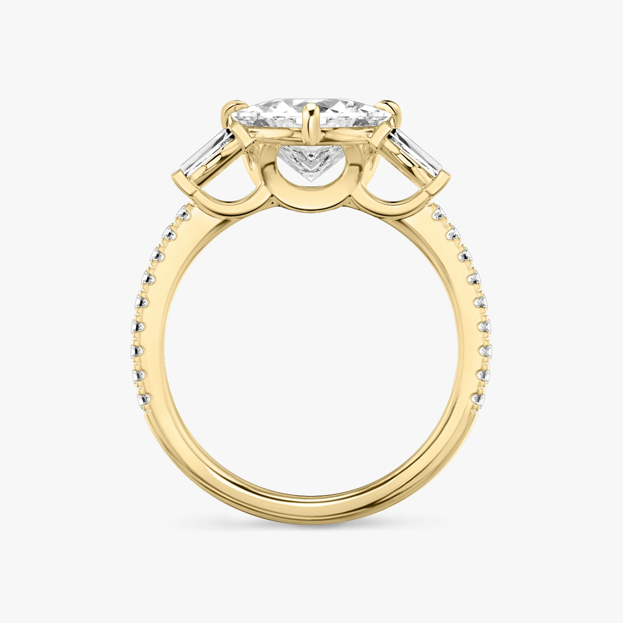 The Three Stone | Trillion | 18k | Yellow Gold | bandAccent: Pavé | sideStoneCarat: 0.10ct | sideStoneShape: Tapered Baguette | diamondOrientation: vertical | caratWeight: other