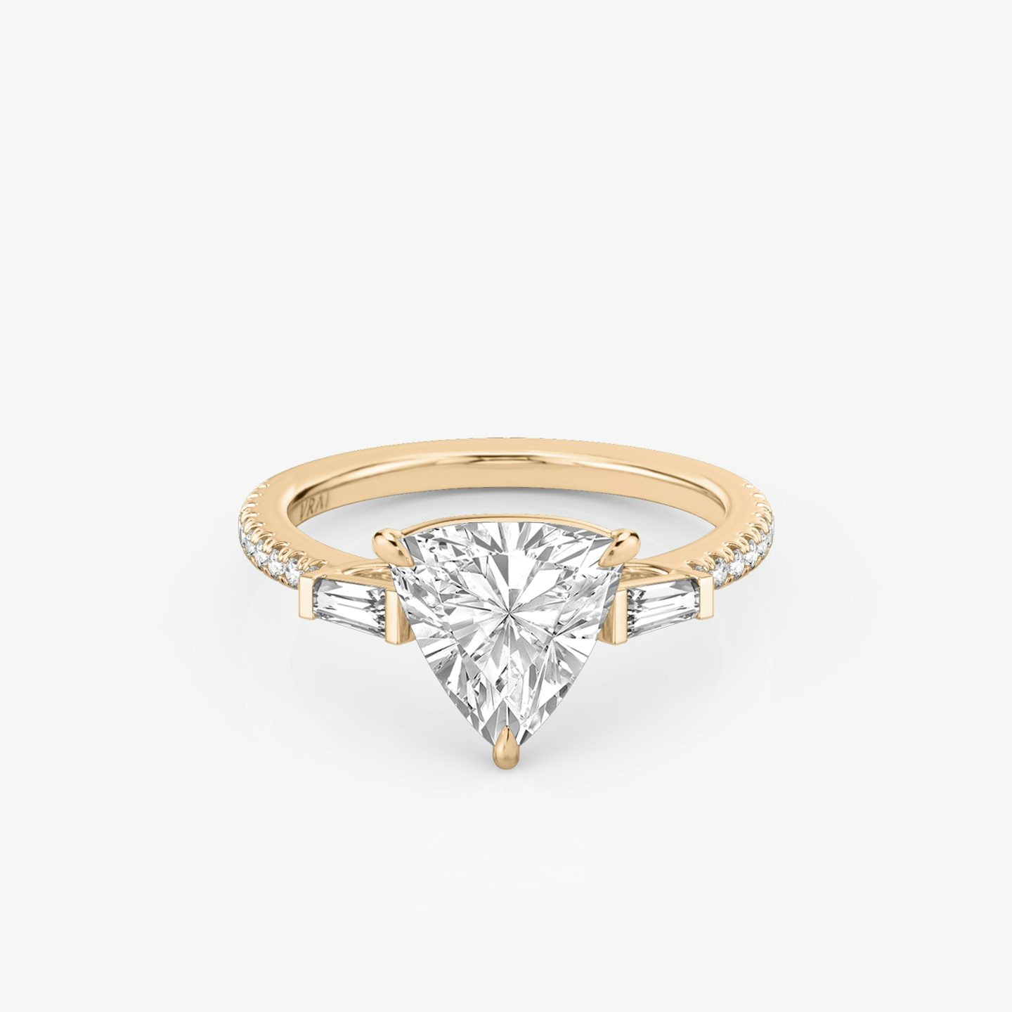 The Three Stone | Trillion | 14k | Rose Gold | bandAccent: Pavé | sideStoneCarat: 0.10ct | sideStoneShape: Tapered Baguette | diamondOrientation: vertical | caratWeight: other
