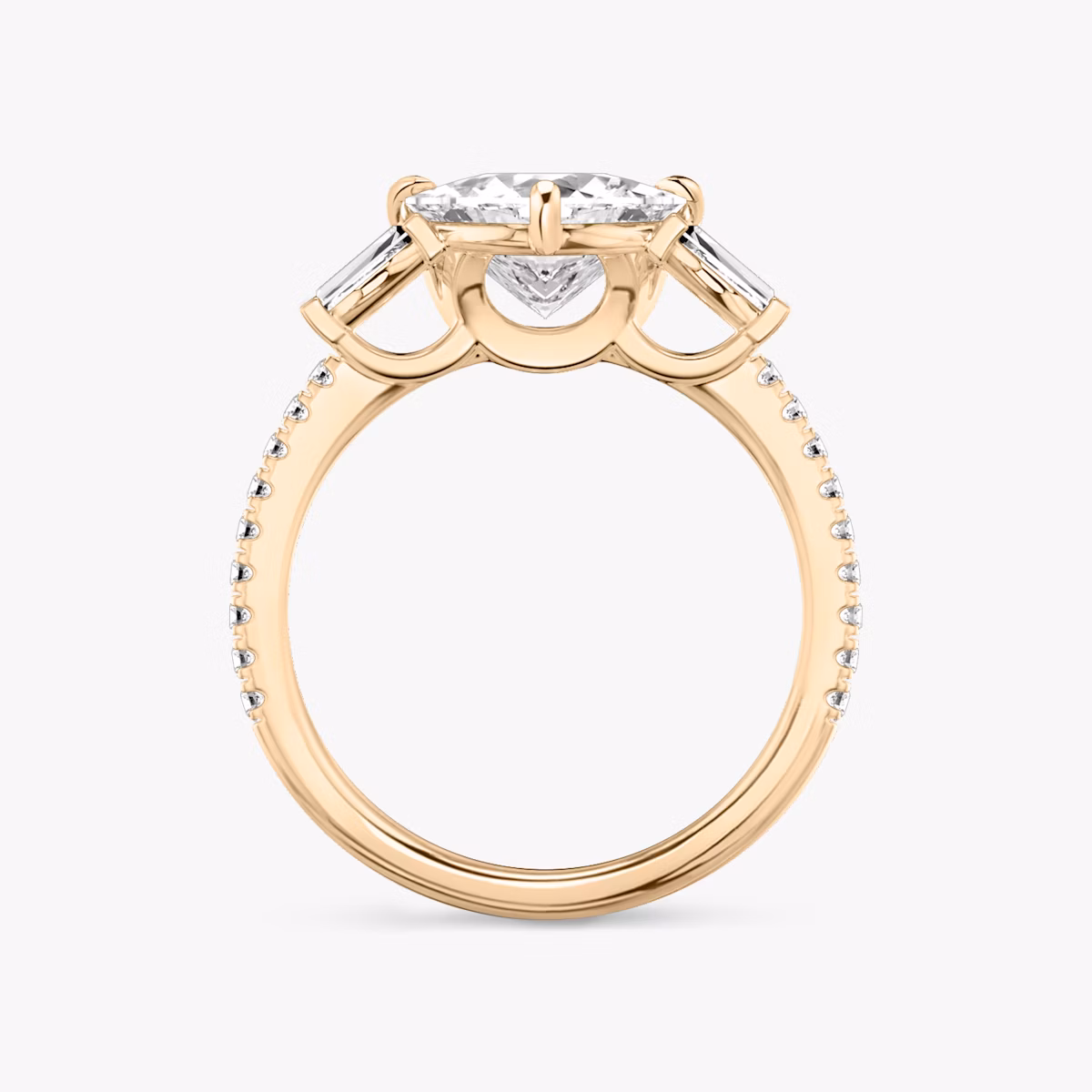 The Three Stone | Trillion | 14k | Rose Gold | bandAccent: Pavé | sideStoneCarat: 0.10ct | sideStoneShape: Tapered Baguette | diamondOrientation: vertical | caratWeight: other