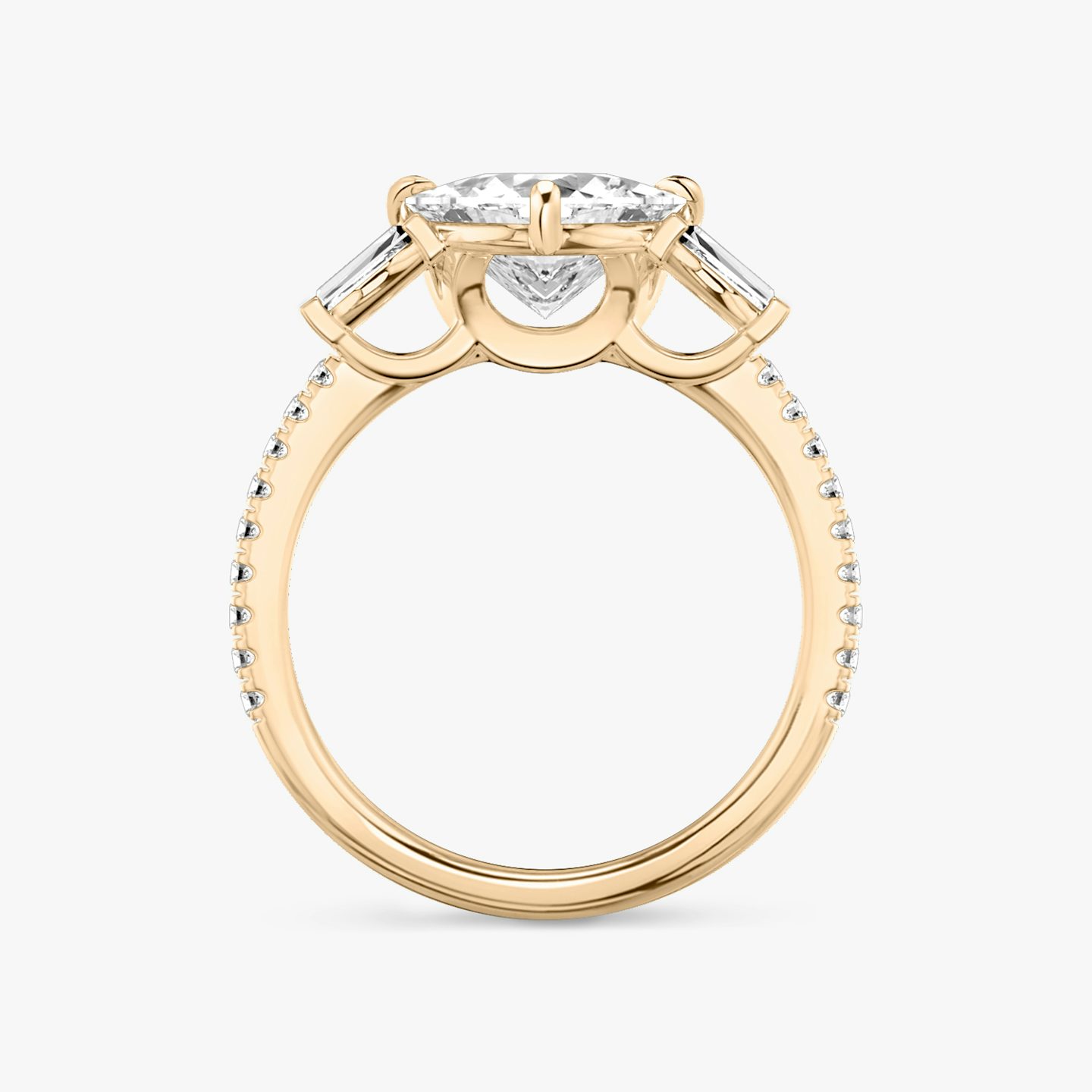 The Three Stone | Trillion | 14k | Rose Gold | bandAccent: Pavé | sideStoneCarat: 0.10ct | sideStoneShape: Tapered Baguette | diamondOrientation: vertical | caratWeight: other