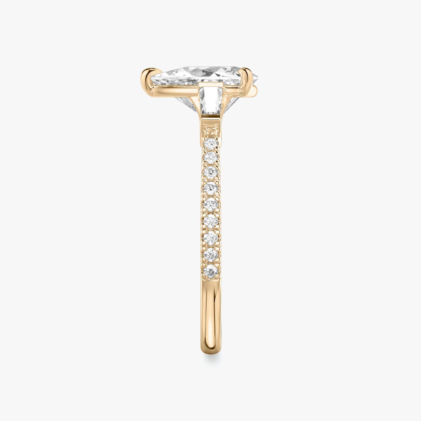 The Three Stone | Trillion | 14k | Rose Gold | bandAccent: Pavé | sideStoneCarat: 0.10ct | sideStoneShape: Tapered Baguette | diamondOrientation: vertical | caratWeight: other