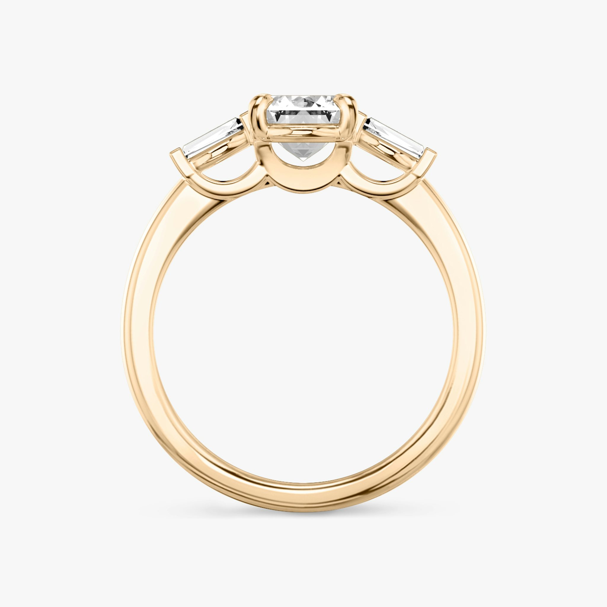 The Three Stone | Emerald | 14k | Rose Gold | bandAccent: Plain | sideStoneCarat: 0.10ct | sideStoneShape: Tapered Baguette | diamondOrientation: vertical | caratWeight: other