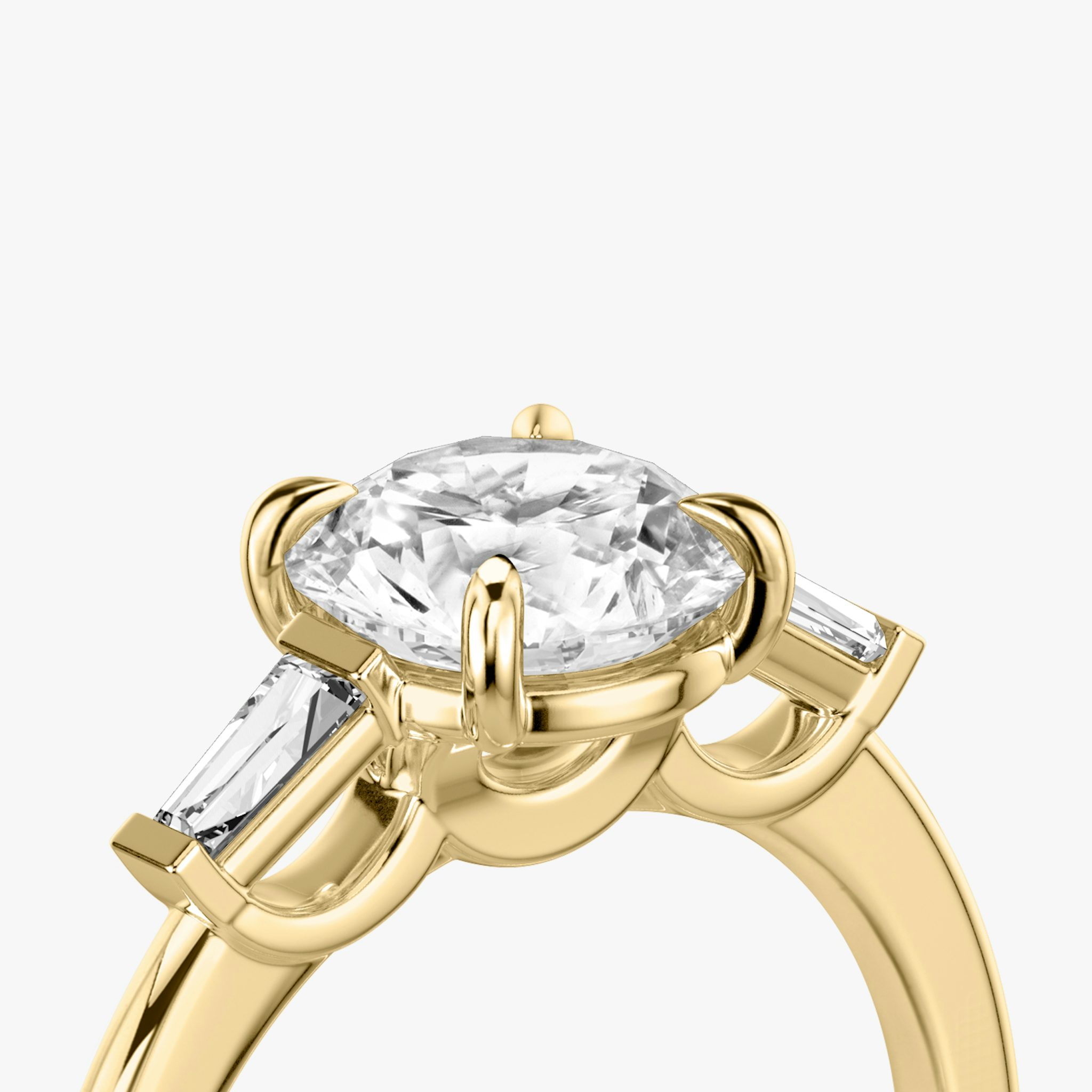 The Three Stone | Round Brilliant | 18k | Yellow Gold | bandAccent: Plain | caratWeight: other | sideStoneCarat: 0.10ct | sideStoneShape: Tapered Baguette | diamondOrientation: vertical