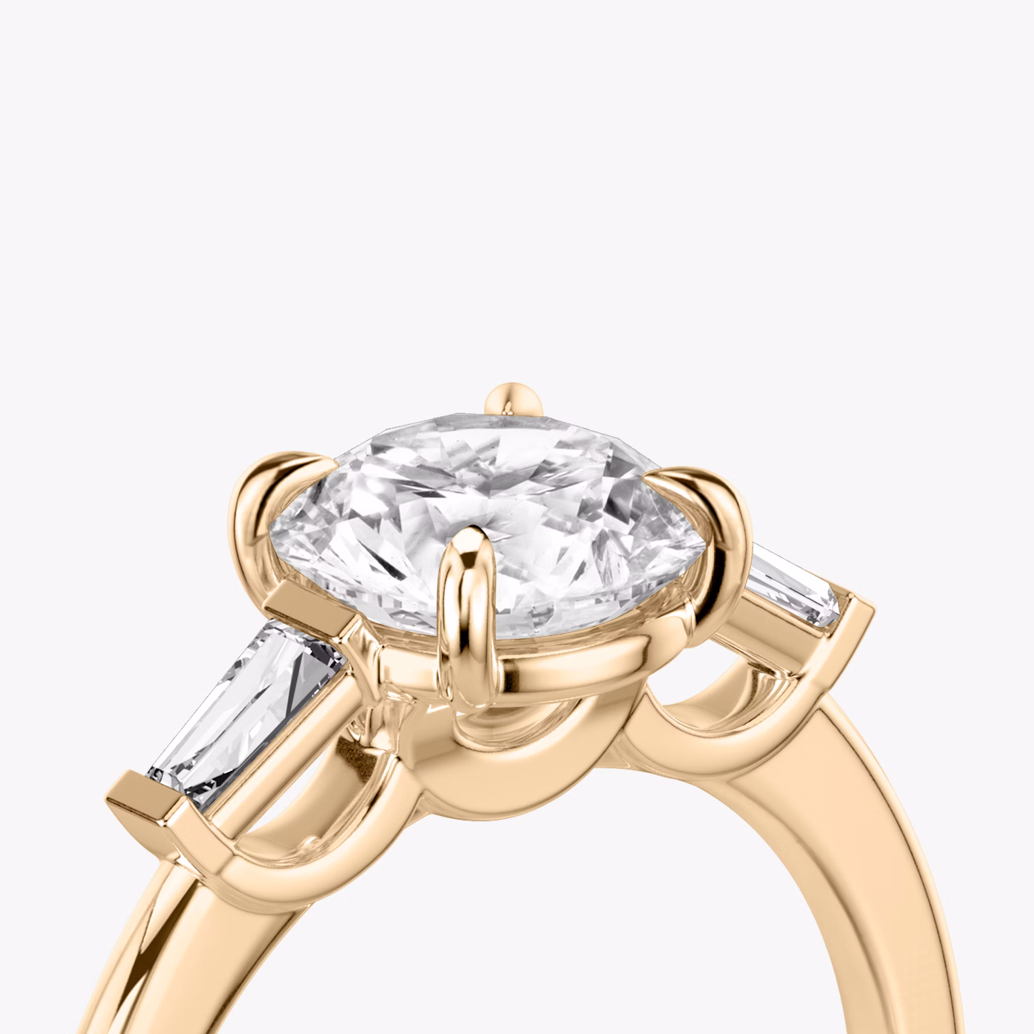 The Three Stone | Round Brilliant | 14k | Rose Gold | bandAccent: Plain | caratWeight: other | sideStoneCarat: 0.10ct | sideStoneShape: Tapered Baguette | diamondOrientation: vertical