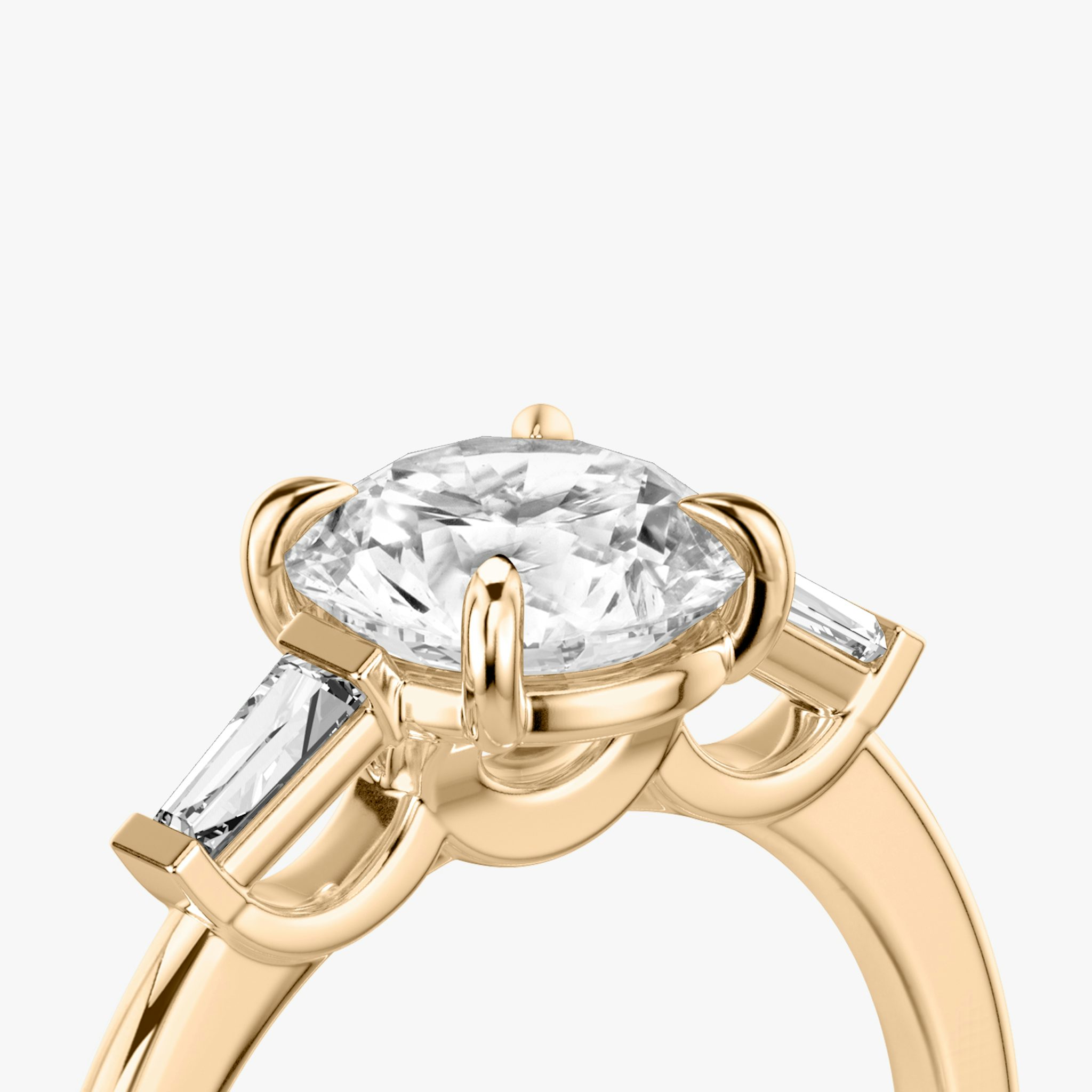 The Three Stone | Round Brilliant | 14k | Rose Gold | bandAccent: Plain | caratWeight: other | sideStoneCarat: 0.10ct | sideStoneShape: Tapered Baguette | diamondOrientation: vertical
