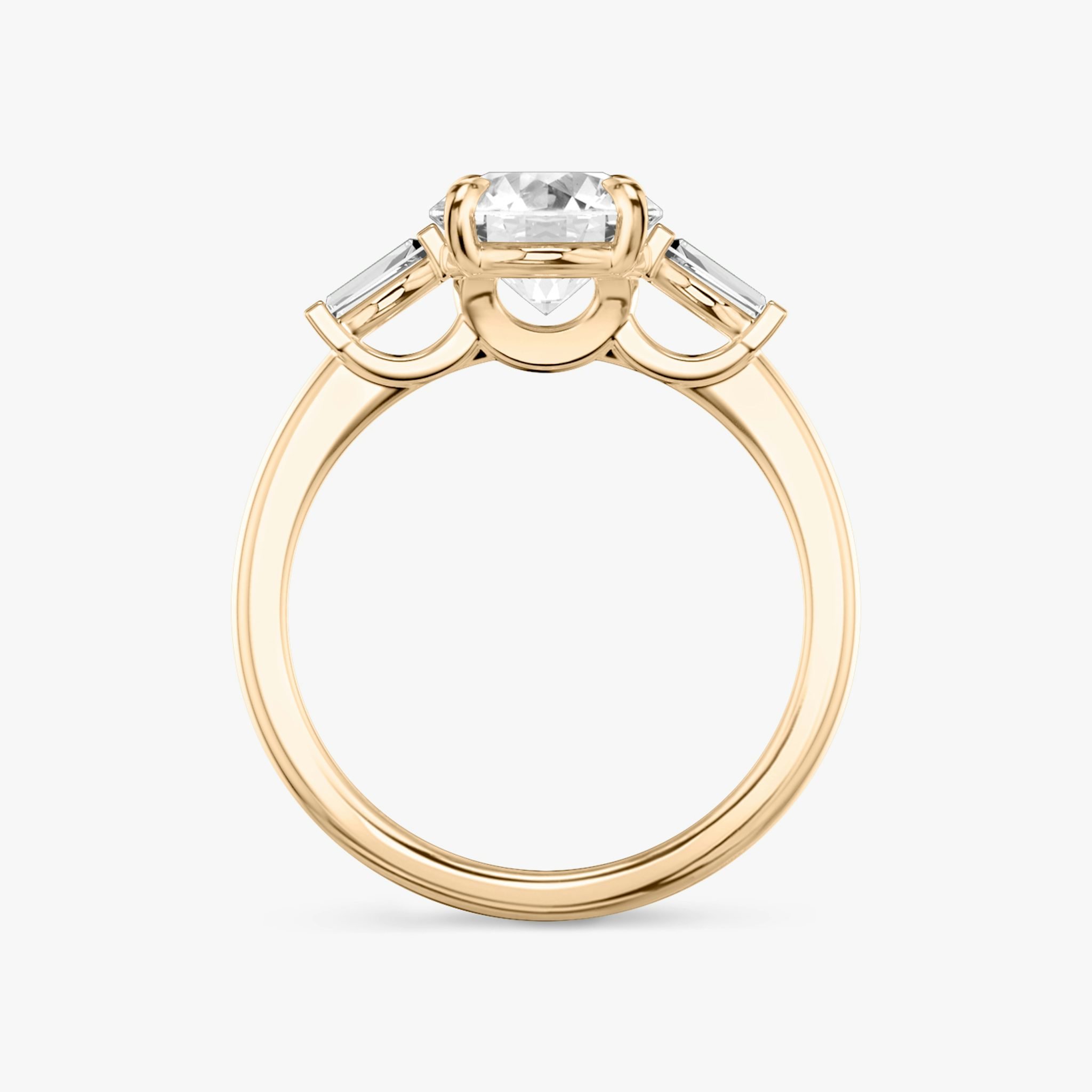 The Three Stone | Round Brilliant | 14k | Rose Gold | bandAccent: Plain | caratWeight: other | sideStoneCarat: 0.10ct | sideStoneShape: Tapered Baguette | diamondOrientation: vertical