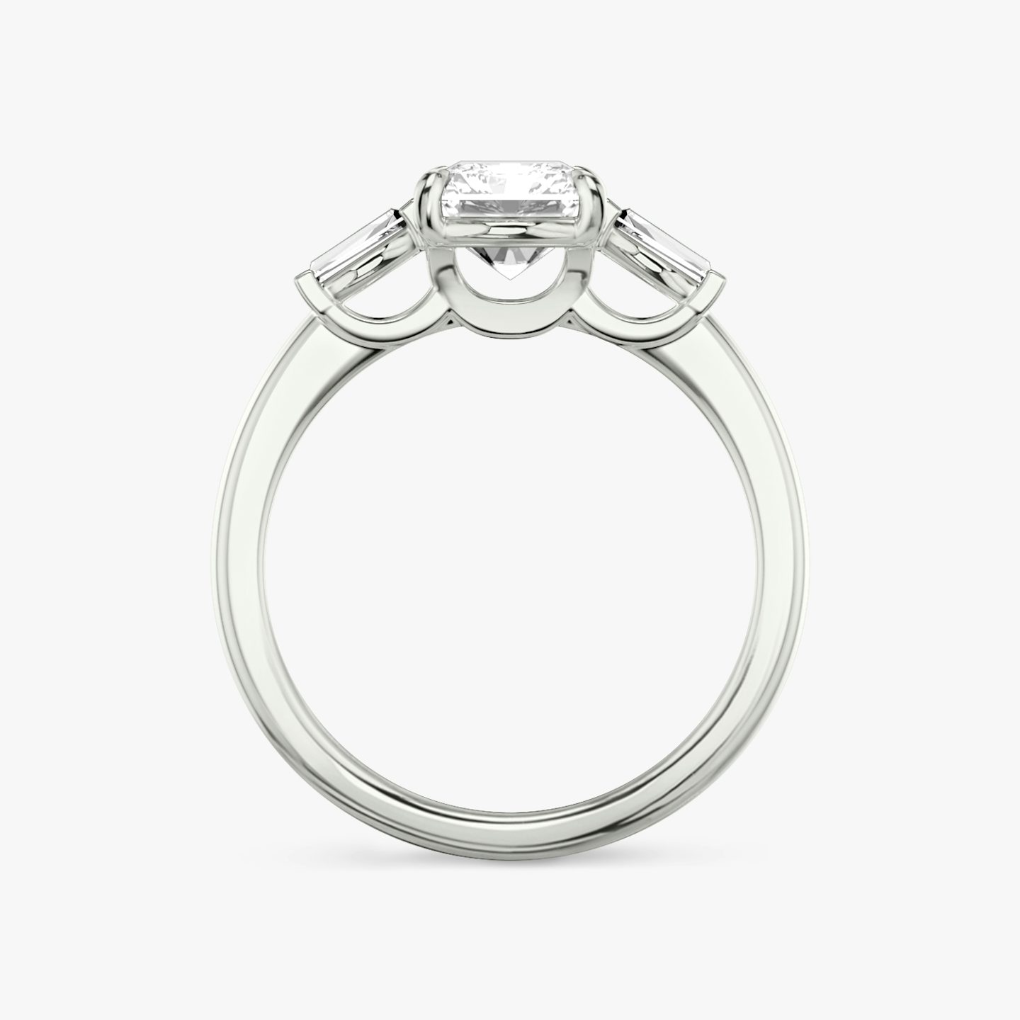 The Three Stone | Radiant | 18k | White Gold | bandAccent: Plain | sideStoneCarat: 0.10ct | sideStoneShape: Tapered Baguette | diamondOrientation: vertical | caratWeight: other