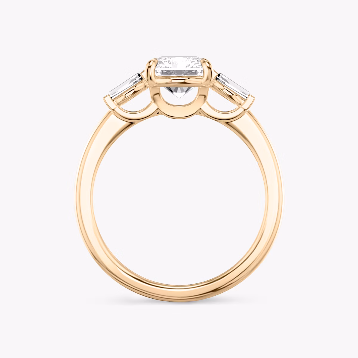 The Three Stone | Radiant | 14k | Rose Gold | bandAccent: Plain | sideStoneCarat: 0.10ct | sideStoneShape: Tapered Baguette | diamondOrientation: vertical | caratWeight: other