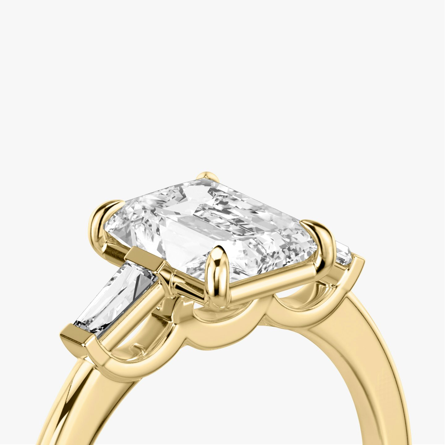 The Three Stone | Radiant | 18k | Yellow Gold | bandAccent: Plain | sideStoneCarat: 0.10ct | sideStoneShape: Tapered Baguette | diamondOrientation: vertical | caratWeight: other