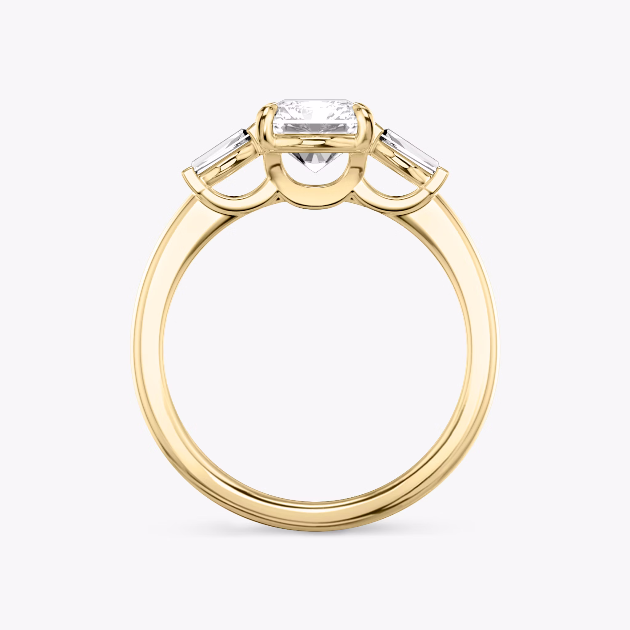 The Three Stone | Radiant | 18k | Yellow Gold | bandAccent: Plain | sideStoneCarat: 0.10ct | sideStoneShape: Tapered Baguette | diamondOrientation: vertical | caratWeight: other