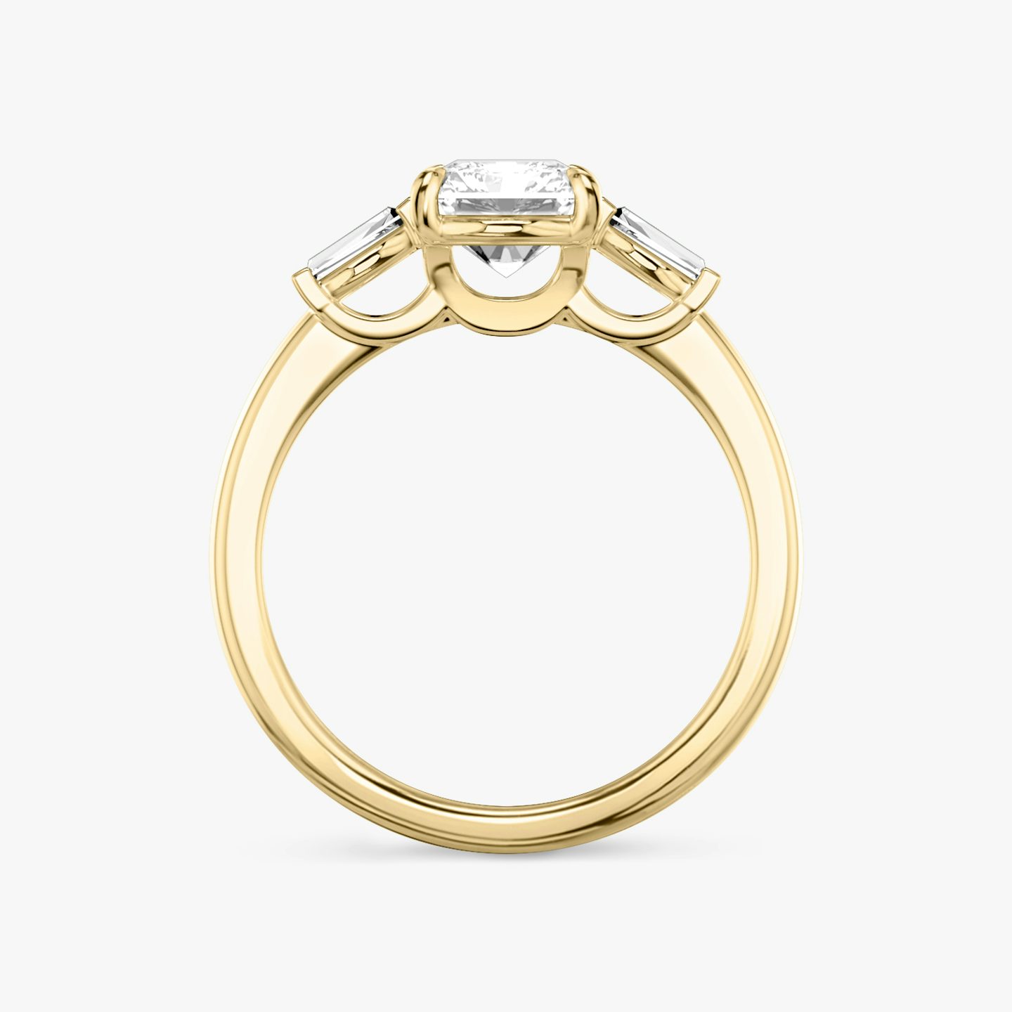 The Three Stone | Radiant | 18k | Yellow Gold | bandAccent: Plain | sideStoneCarat: 0.10ct | sideStoneShape: Tapered Baguette | diamondOrientation: vertical | caratWeight: other