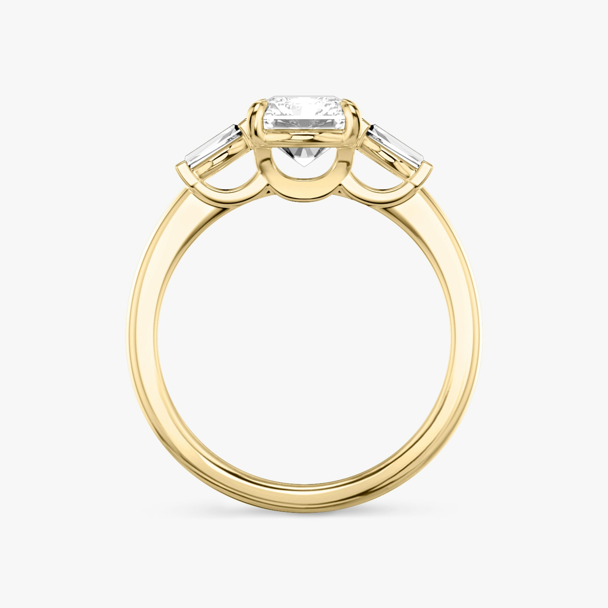 The Three Stone | Radiant | 18k | Yellow Gold | bandAccent: Plain | sideStoneCarat: 0.10ct | sideStoneShape: Tapered Baguette | diamondOrientation: vertical | caratWeight: other