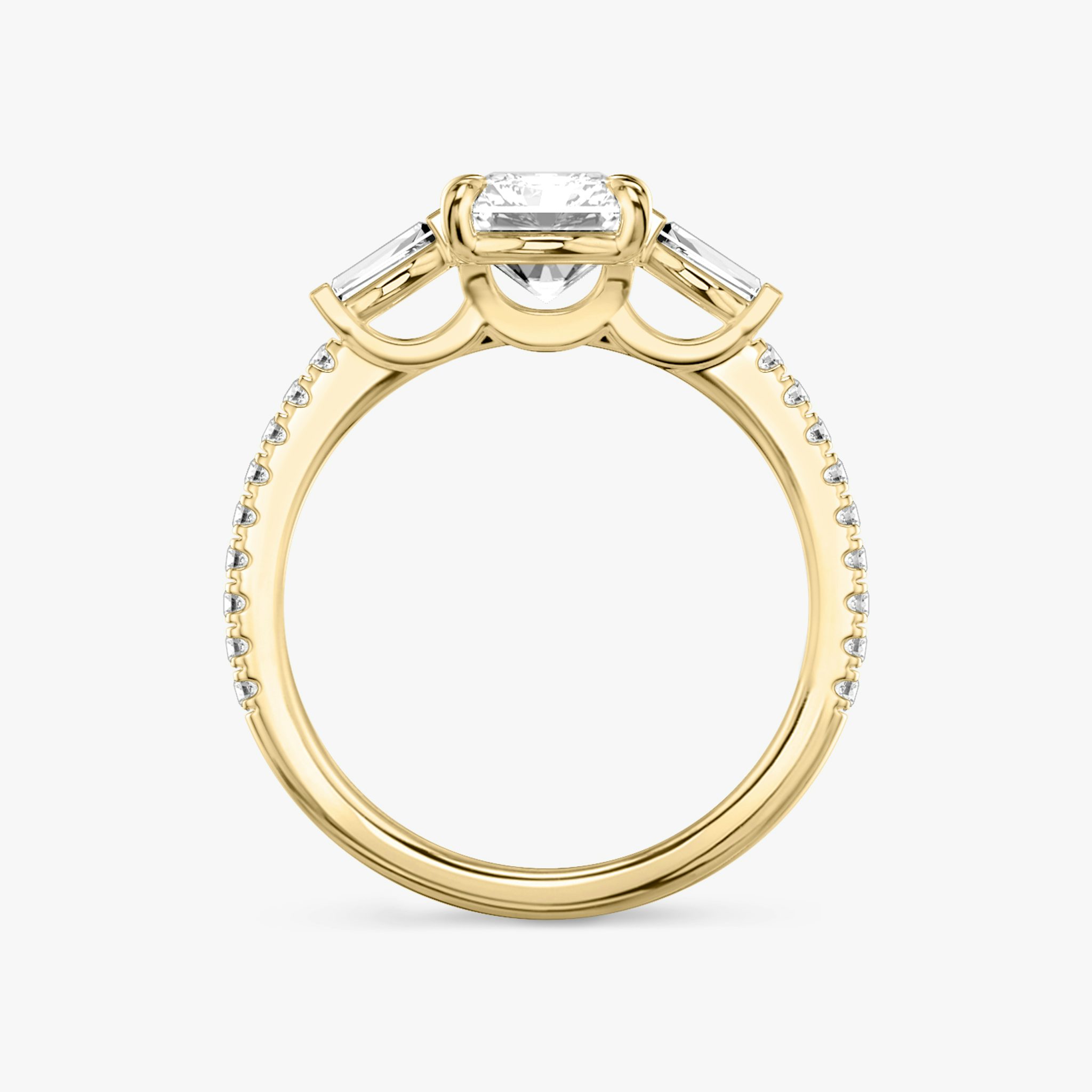 The Three Stone | Radiant | 18k | Yellow Gold | bandAccent: Pavé | sideStoneCarat: 0.10ct | sideStoneShape: Tapered Baguette | diamondOrientation: vertical | caratWeight: other