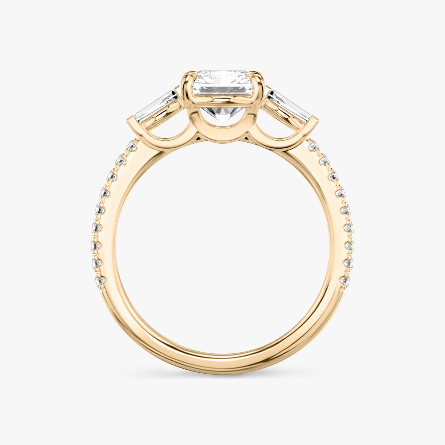 The Three Stone | Radiant | 14k | Rose Gold | bandAccent: Pavé | sideStoneCarat: 0.10ct | sideStoneShape: Tapered Baguette | diamondOrientation: vertical | caratWeight: other