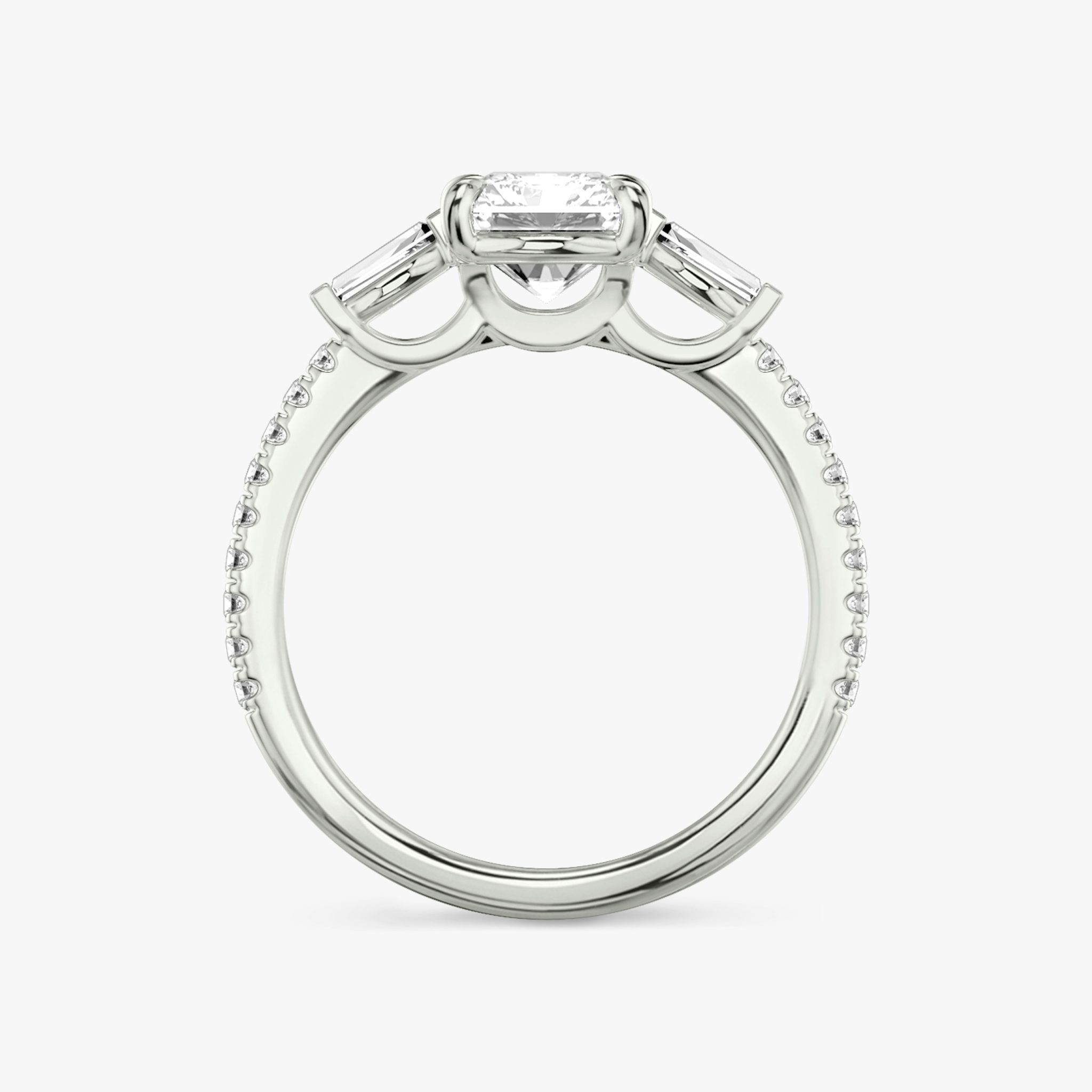 The Three Stone | Radiant | Platinum | bandAccent: Pavé | sideStoneCarat: 0.10ct | sideStoneShape: Tapered Baguette | diamondOrientation: vertical | caratWeight: other