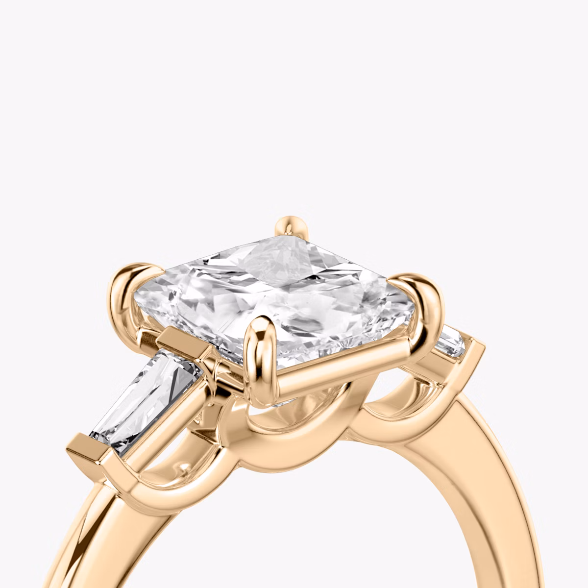 The Three Stone | Princess | 14k | Rose Gold | bandAccent: Plain | sideStoneCarat: 0.10ct | sideStoneShape: Tapered Baguette | diamondOrientation: vertical | caratWeight: other