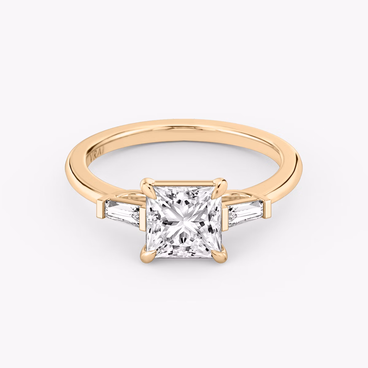 The Three Stone | Princess | 14k | Rose Gold | bandAccent: Plain | sideStoneCarat: 0.10ct | sideStoneShape: Tapered Baguette | diamondOrientation: vertical | caratWeight: other