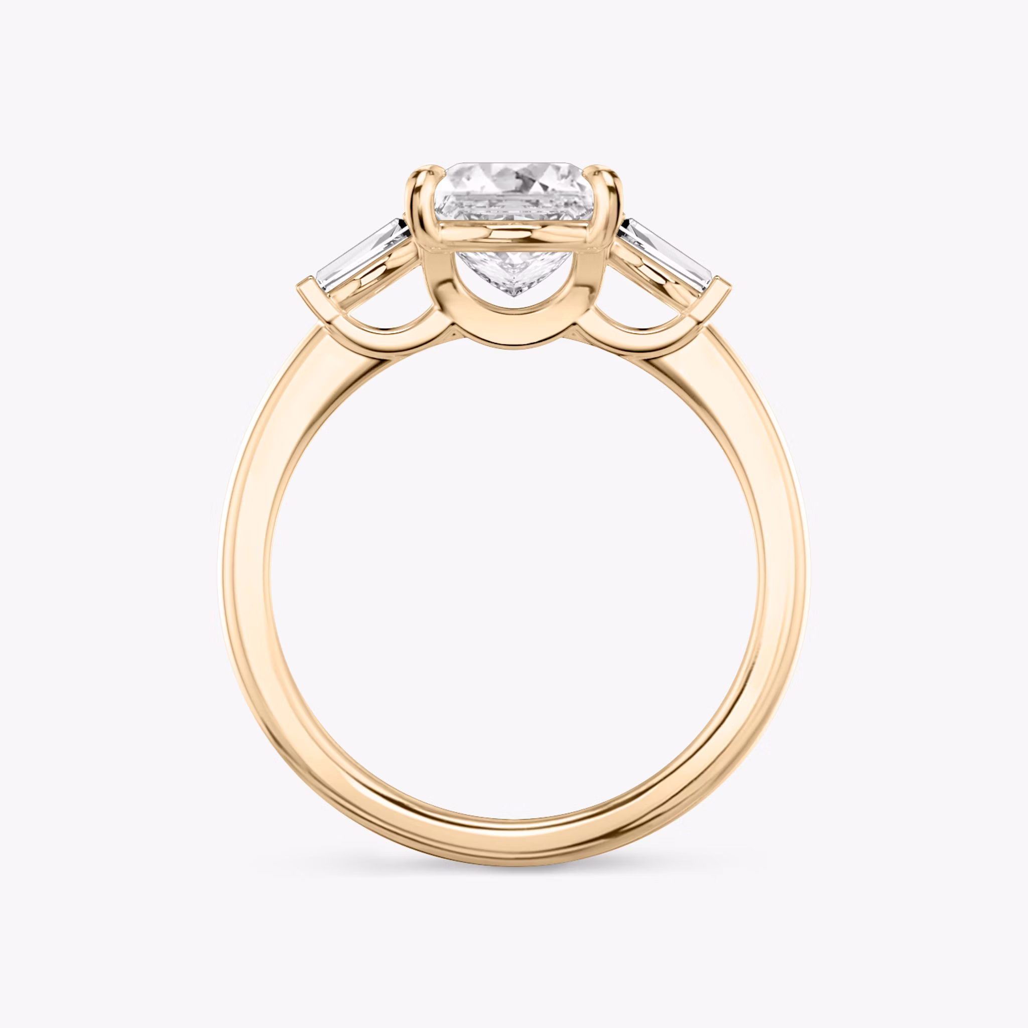The Three Stone | Princess | 14k | Rose Gold | bandAccent: Plain | sideStoneCarat: 0.10ct | sideStoneShape: Tapered Baguette | diamondOrientation: vertical | caratWeight: other