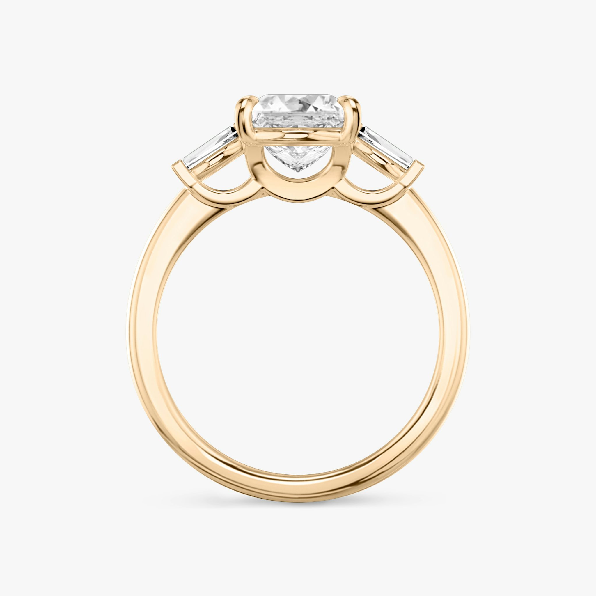 The Three Stone | Princess | 14k | Rose Gold | bandAccent: Plain | sideStoneCarat: 0.10ct | sideStoneShape: Tapered Baguette | diamondOrientation: vertical | caratWeight: other