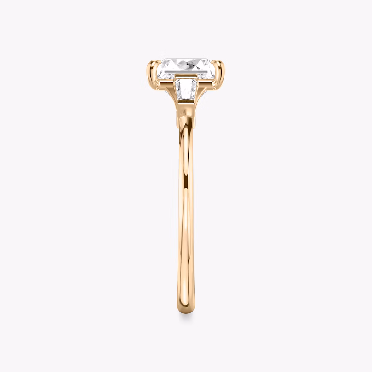 The Three Stone | Princess | 14k | Rose Gold | bandAccent: Plain | sideStoneCarat: 0.10ct | sideStoneShape: Tapered Baguette | diamondOrientation: vertical | caratWeight: other