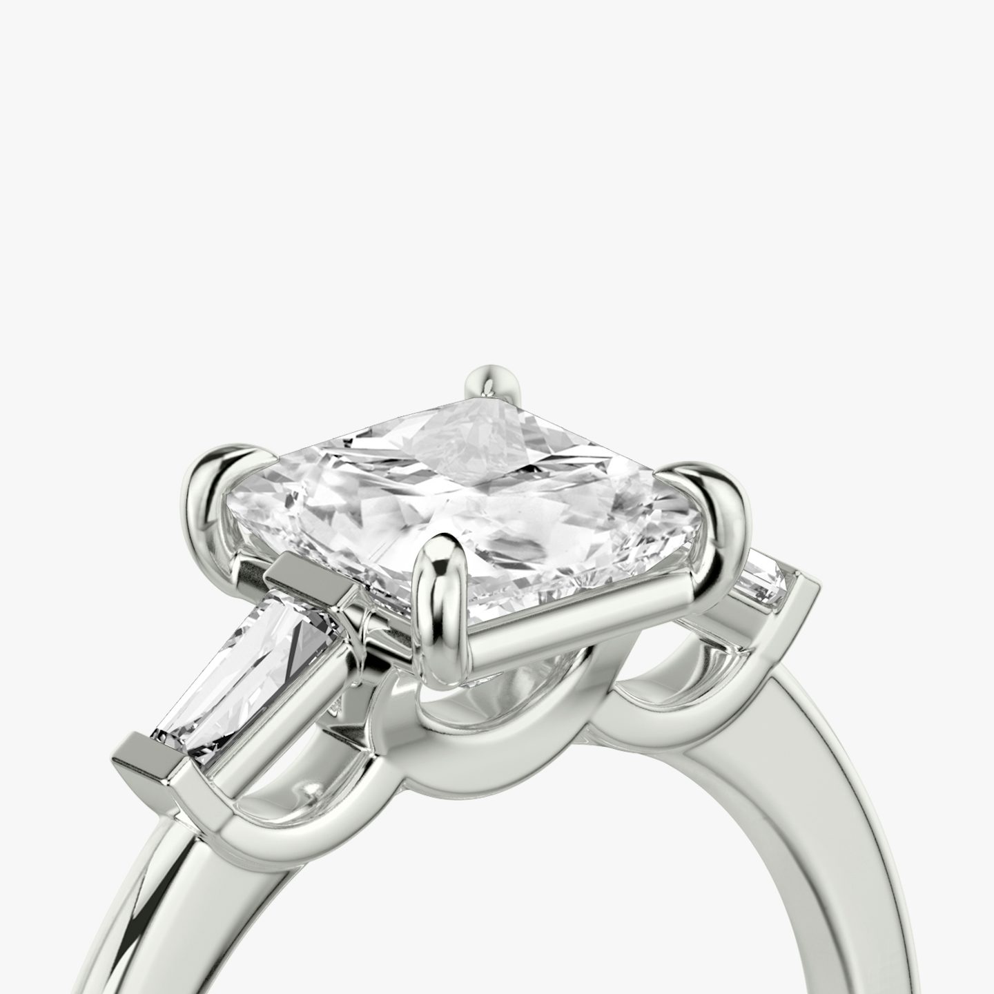 The Three Stone | Princess | 18k | White Gold | bandAccent: Plain | sideStoneCarat: 0.10ct | sideStoneShape: Tapered Baguette | diamondOrientation: vertical | caratWeight: other