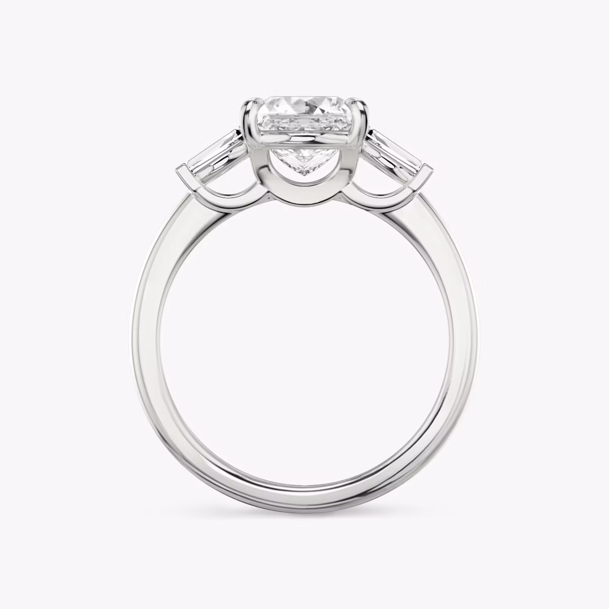 The Three Stone | Princess | Platinum | bandAccent: Plain | sideStoneCarat: 0.10ct | sideStoneShape: Tapered Baguette | diamondOrientation: vertical | caratWeight: other