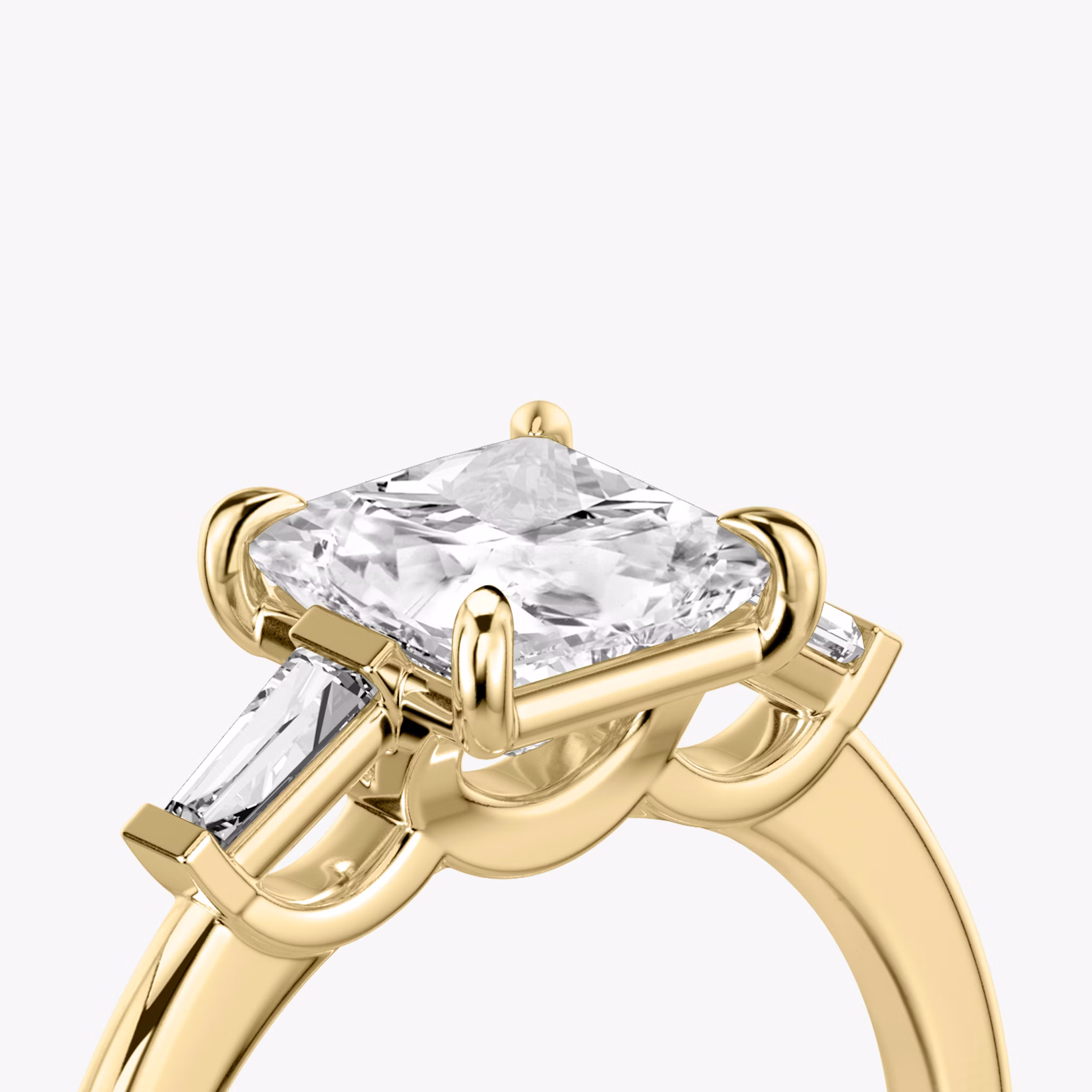 The Three Stone | Princess | 18k | Yellow Gold | bandAccent: Plain | sideStoneCarat: 0.10ct | sideStoneShape: Tapered Baguette | diamondOrientation: vertical | caratWeight: other