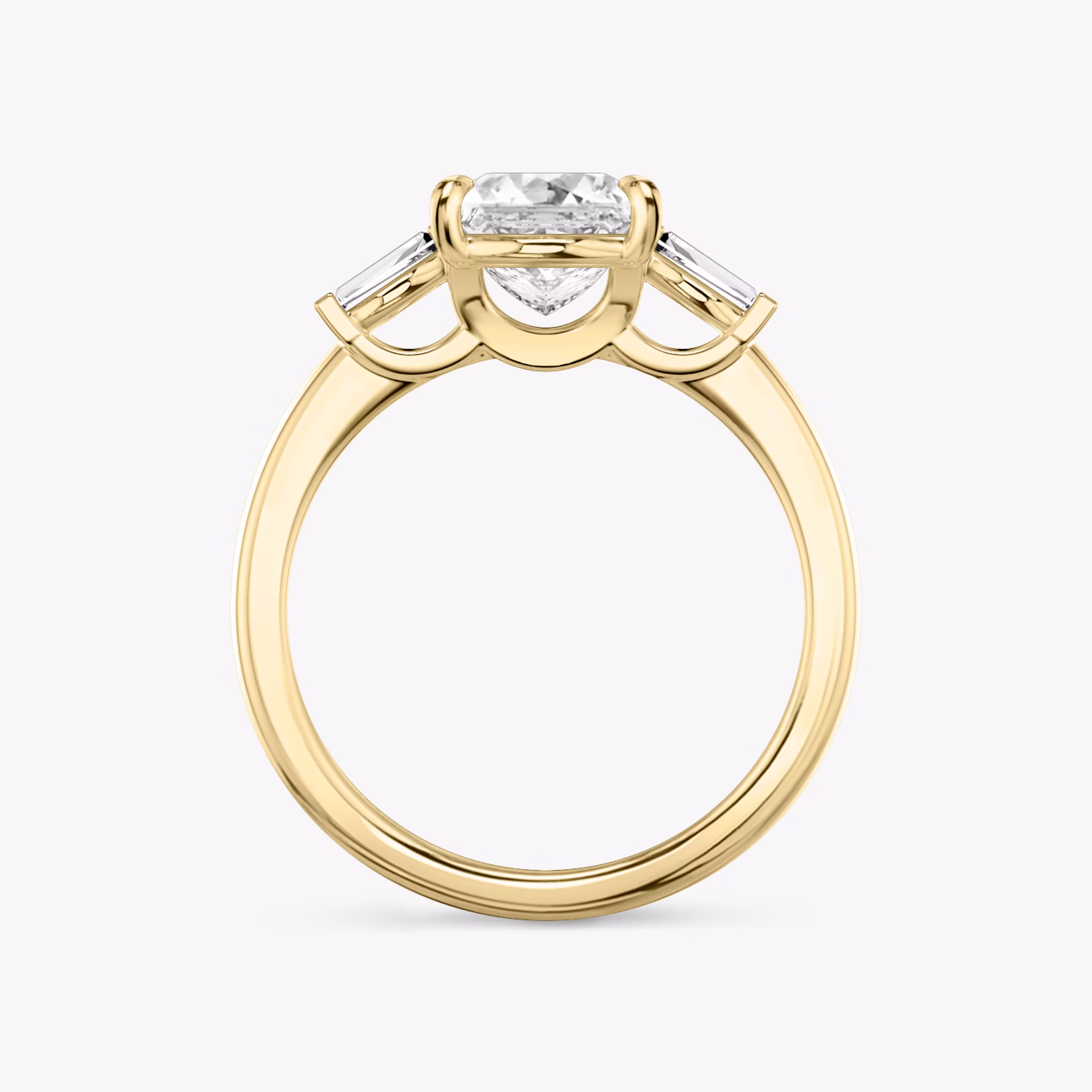 The Three Stone | Princess | 18k | Yellow Gold | bandAccent: Plain | sideStoneCarat: 0.10ct | sideStoneShape: Tapered Baguette | diamondOrientation: vertical | caratWeight: other