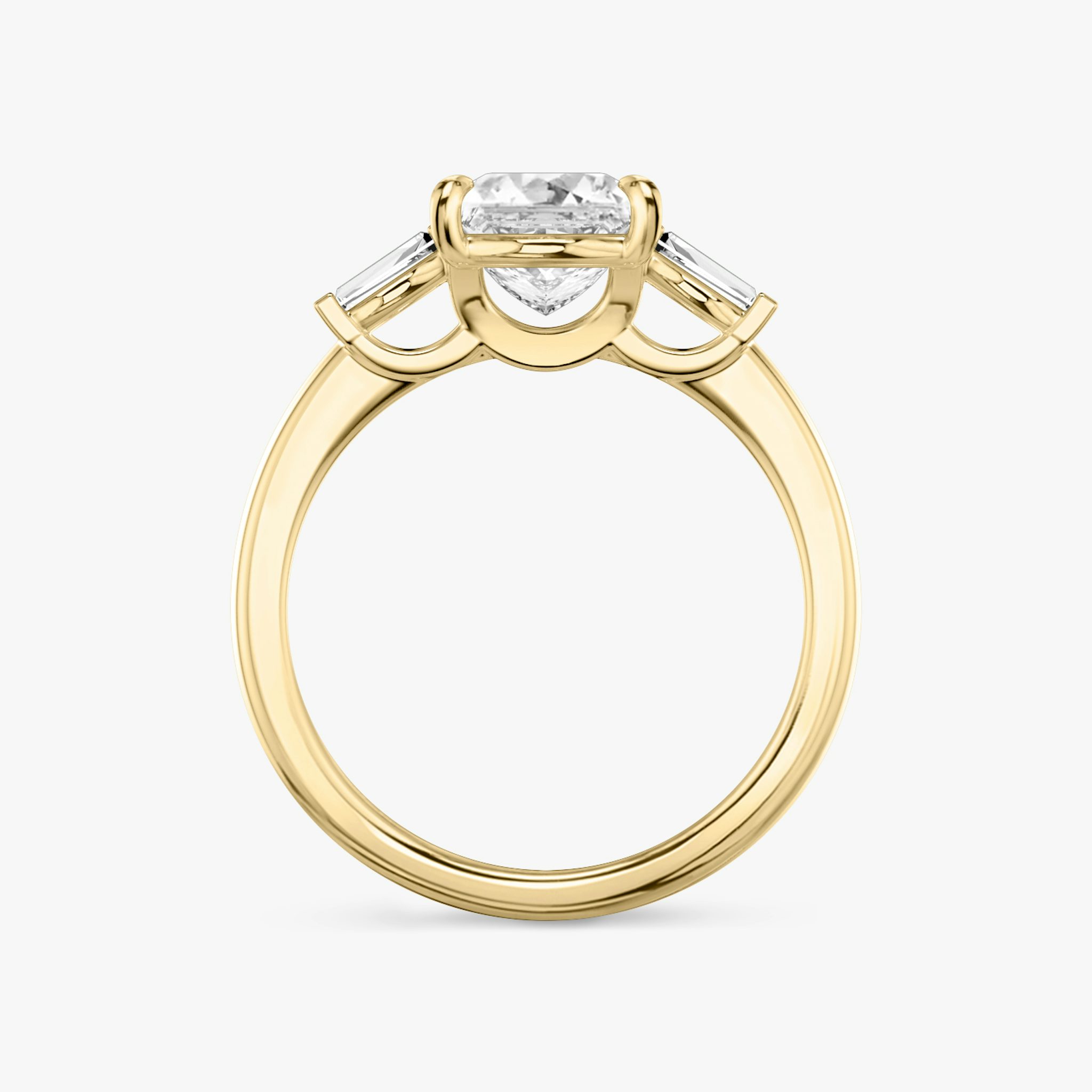 The Three Stone | Princess | 18k | Yellow Gold | bandAccent: Plain | sideStoneCarat: 0.10ct | sideStoneShape: Tapered Baguette | diamondOrientation: vertical | caratWeight: other