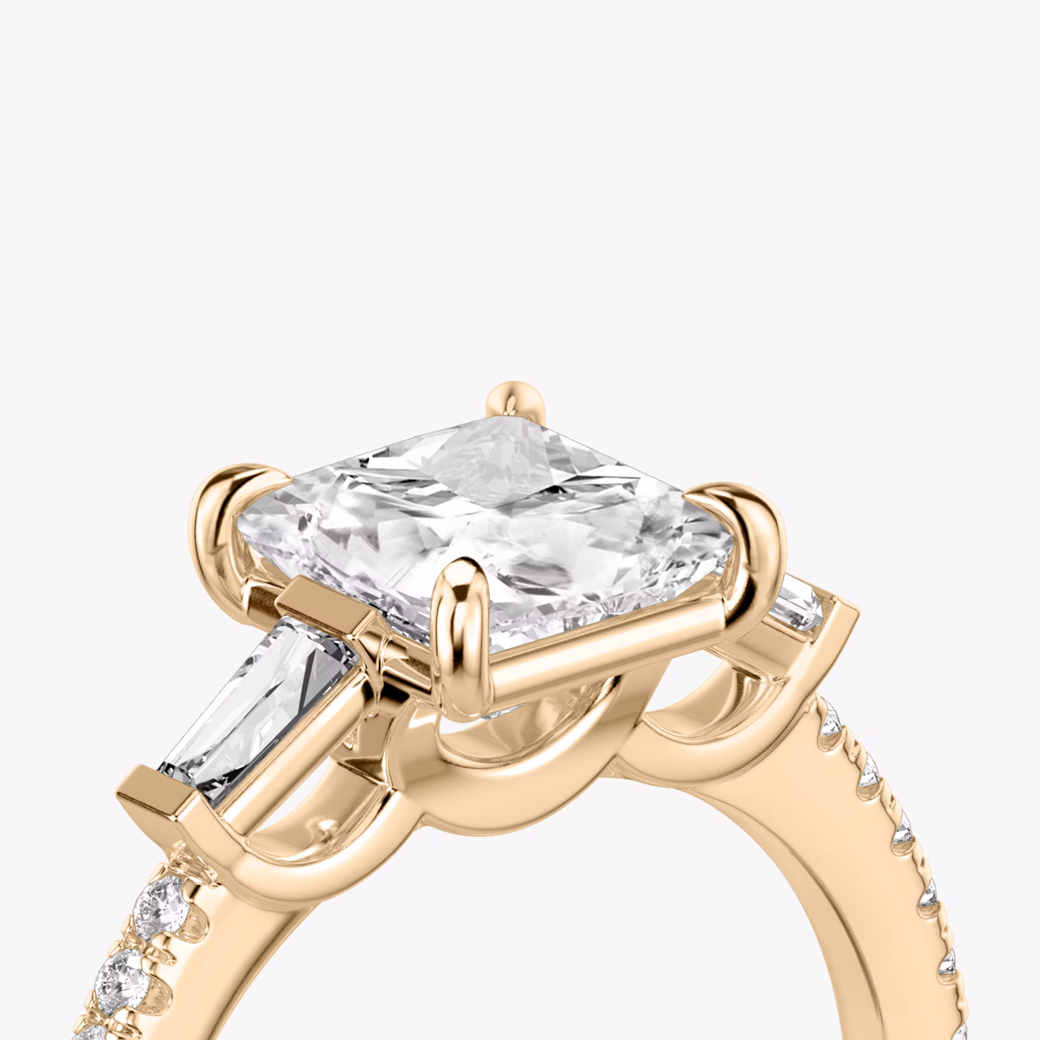 The Three Stone | Princess | 14k | Rose Gold | bandAccent: Pavé | sideStoneCarat: 0.10ct | sideStoneShape: Tapered Baguette | diamondOrientation: vertical | caratWeight: other