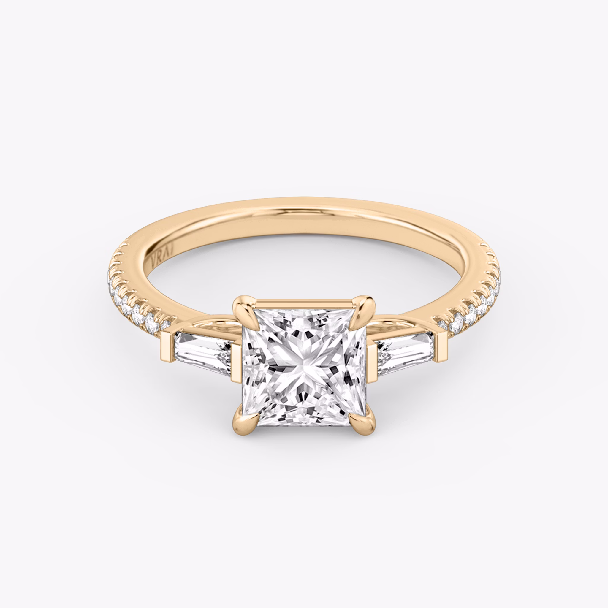 The Three Stone | Princess | 14k | Rose Gold | bandAccent: Pavé | sideStoneCarat: 0.10ct | sideStoneShape: Tapered Baguette | diamondOrientation: vertical | caratWeight: other