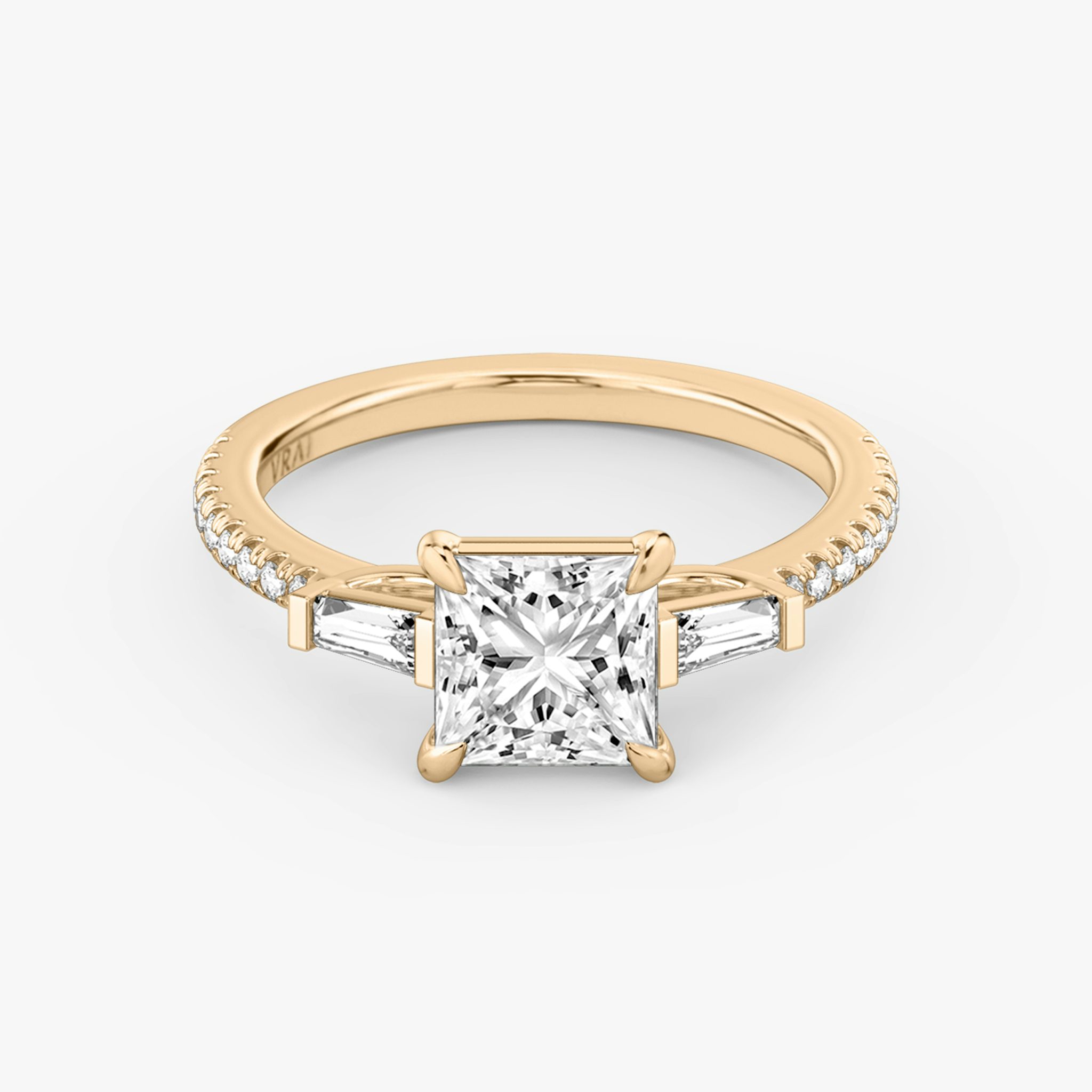 The Three Stone | Princess | 14k | Rose Gold | bandAccent: Pavé | sideStoneCarat: 0.10ct | sideStoneShape: Tapered Baguette | diamondOrientation: vertical | caratWeight: other