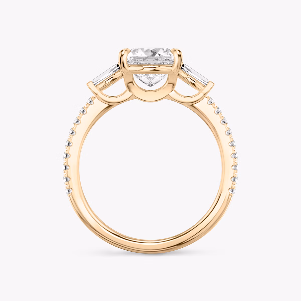 The Three Stone | Princess | 14k | Rose Gold | bandAccent: Pavé | sideStoneCarat: 0.10ct | sideStoneShape: Tapered Baguette | diamondOrientation: vertical | caratWeight: other