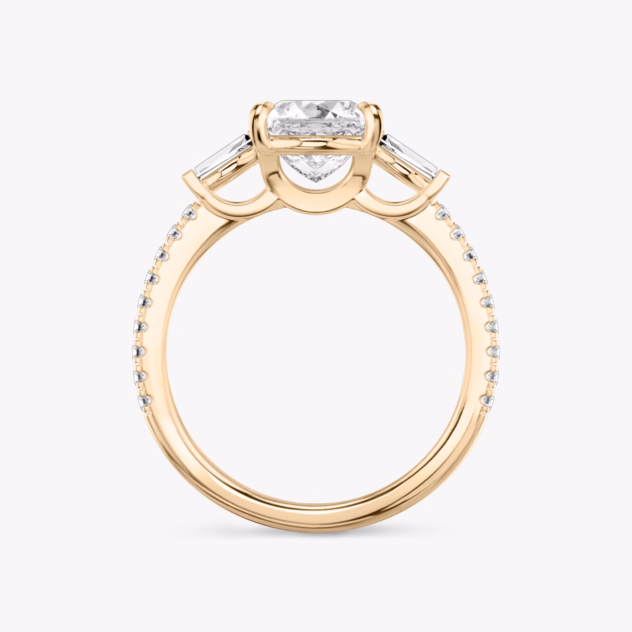 The Three Stone | Princess | 14k | Rose Gold | bandAccent: Pavé | sideStoneCarat: 0.10ct | sideStoneShape: Tapered Baguette | diamondOrientation: vertical | caratWeight: other
