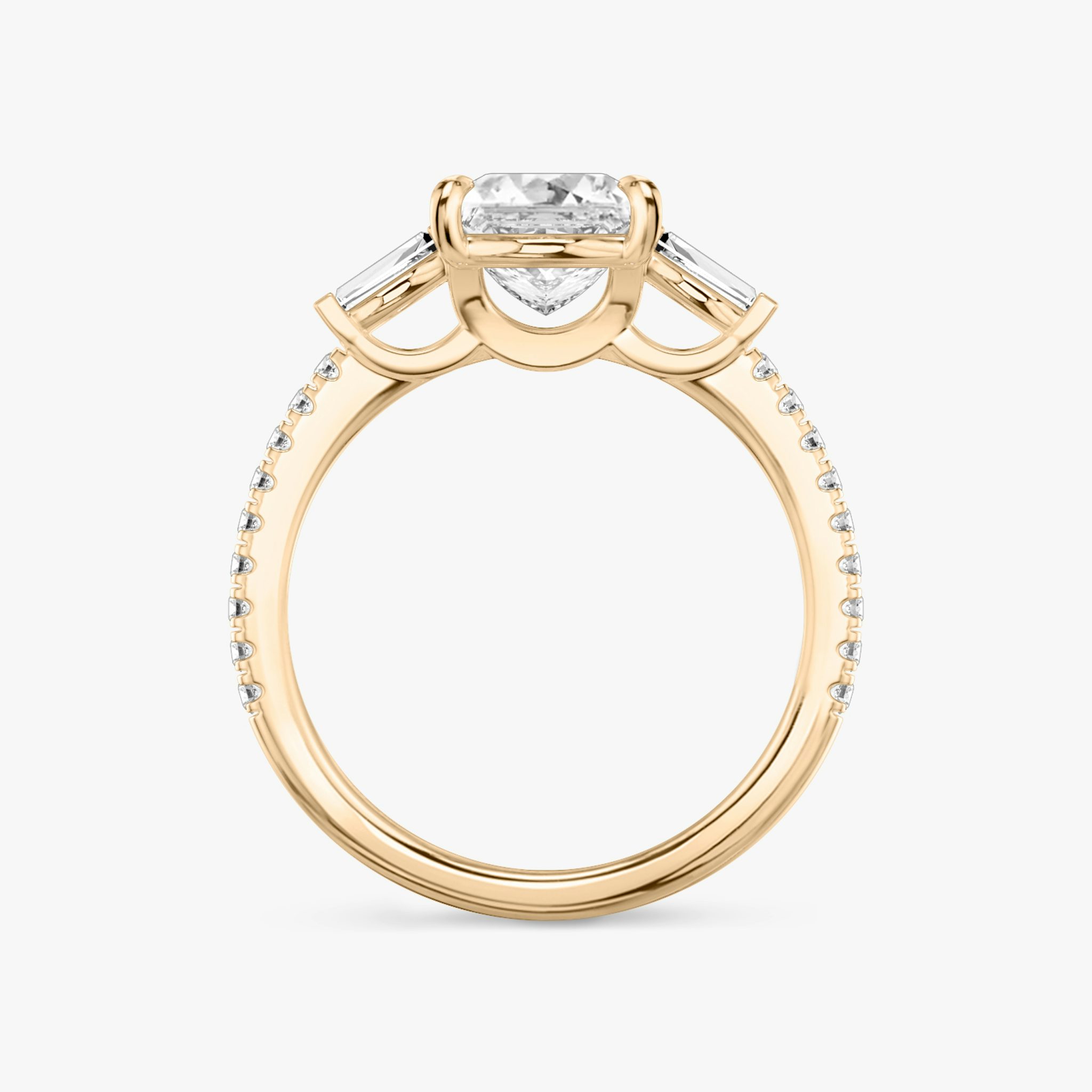 The Three Stone | Princess | 14k | Rose Gold | bandAccent: Pavé | sideStoneCarat: 0.10ct | sideStoneShape: Tapered Baguette | diamondOrientation: vertical | caratWeight: other