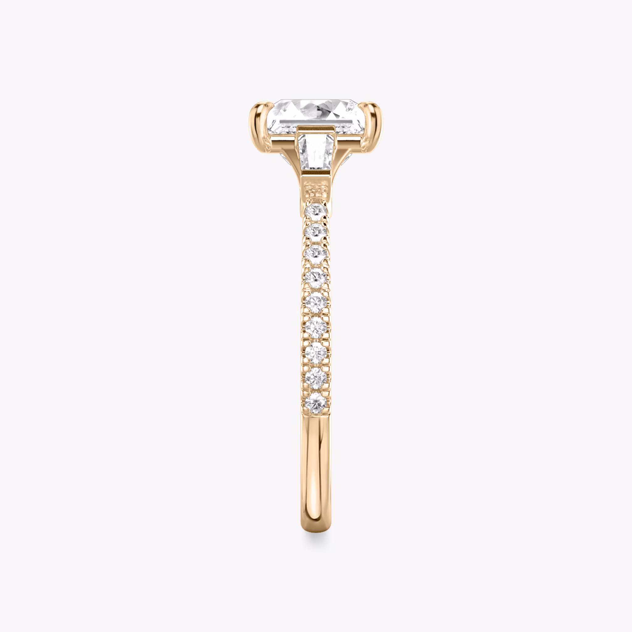 The Three Stone | Princess | 14k | Rose Gold | bandAccent: Pavé | sideStoneCarat: 0.10ct | sideStoneShape: Tapered Baguette | diamondOrientation: vertical | caratWeight: other