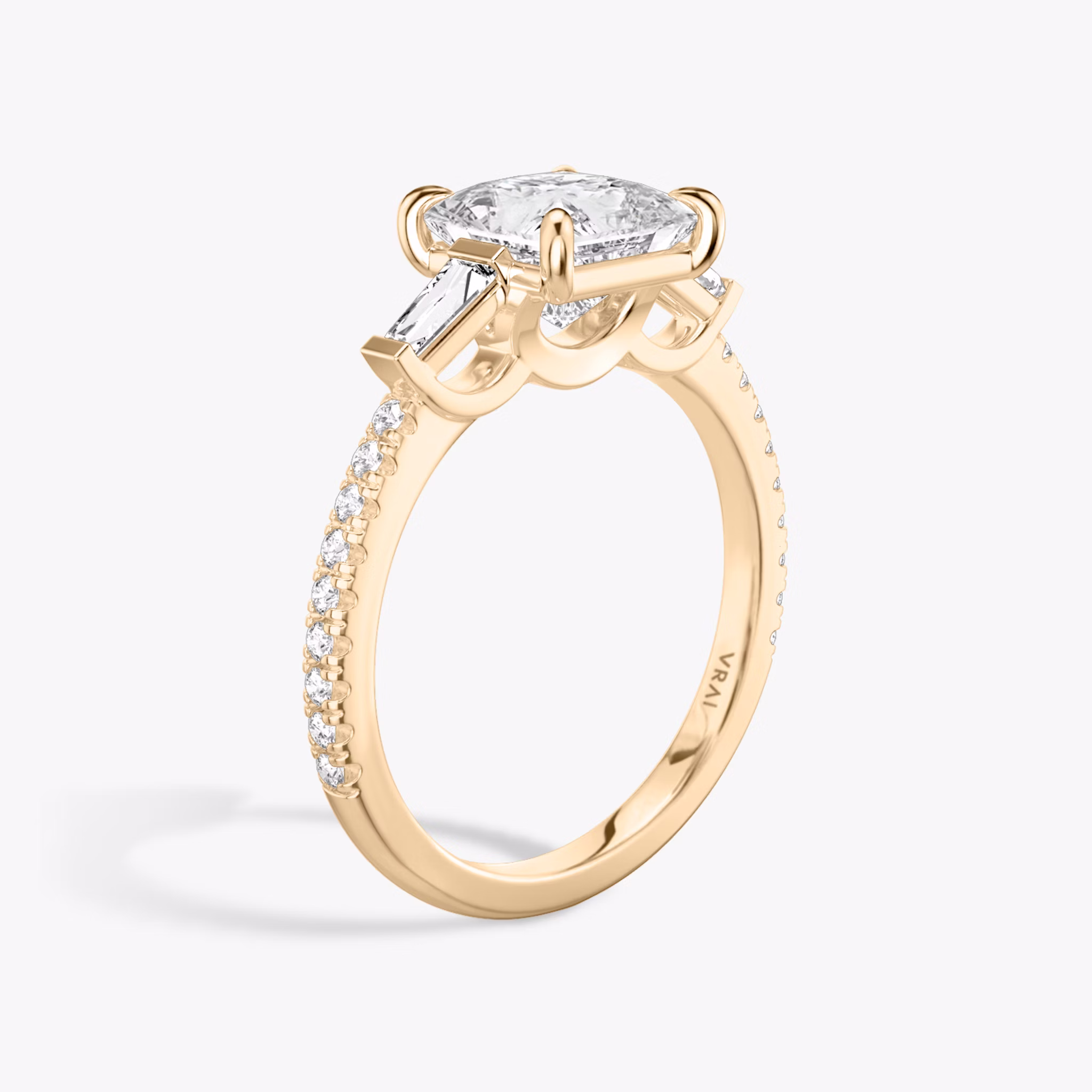 The Three Stone | Princess | 14k | Rose Gold | bandAccent: Pavé | sideStoneCarat: 0.10ct | sideStoneShape: Tapered Baguette | diamondOrientation: vertical | caratWeight: other