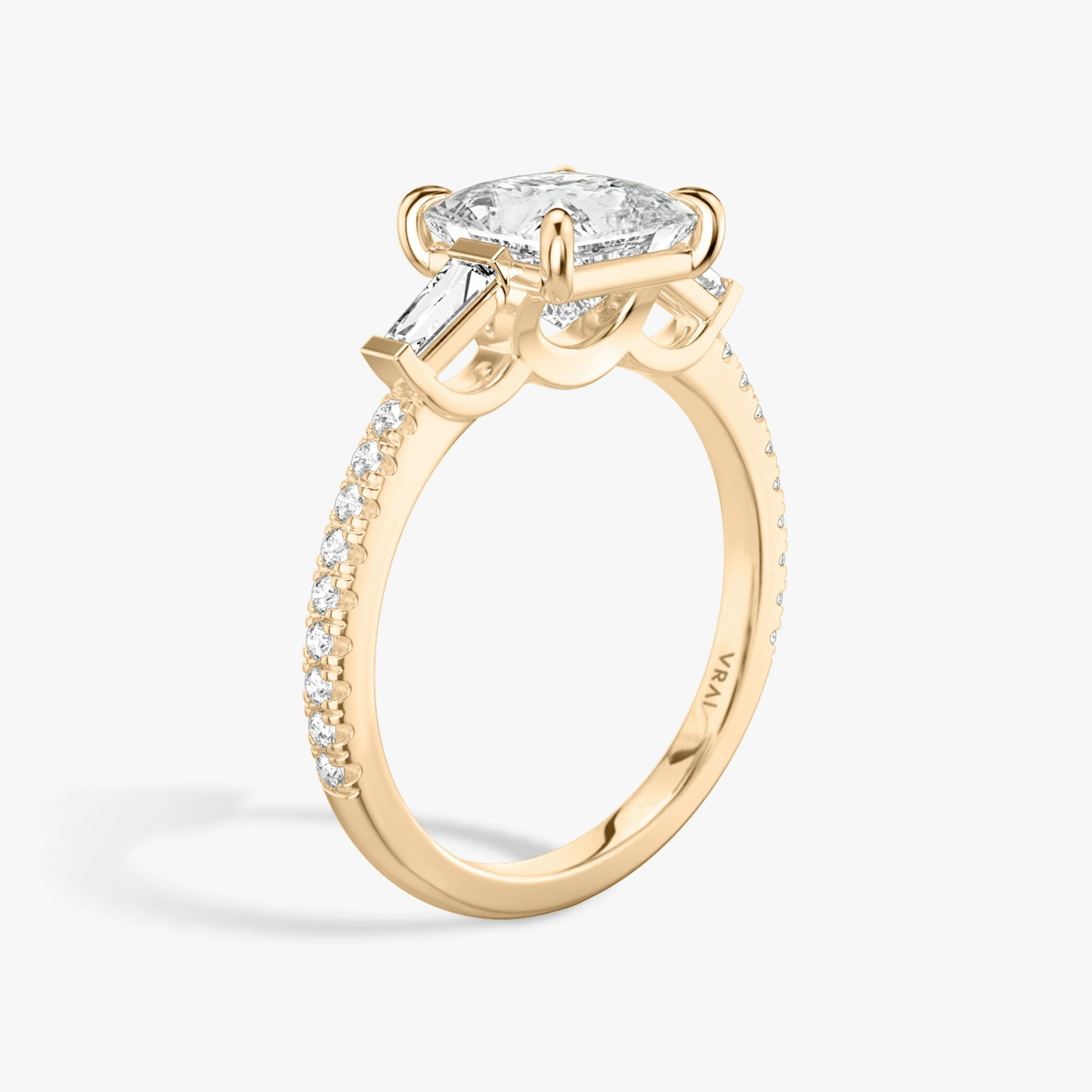 The Three Stone | Princess | 14k | Rose Gold | bandAccent: Pavé | sideStoneCarat: 0.10ct | sideStoneShape: Tapered Baguette | diamondOrientation: vertical | caratWeight: other