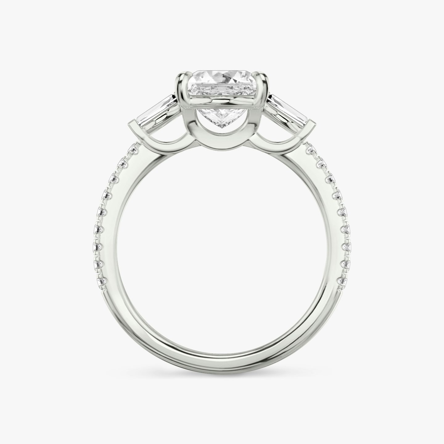 The Three Stone | Princess | Platinum | bandAccent: Pavé | sideStoneCarat: 0.10ct | sideStoneShape: Tapered Baguette | diamondOrientation: vertical | caratWeight: other