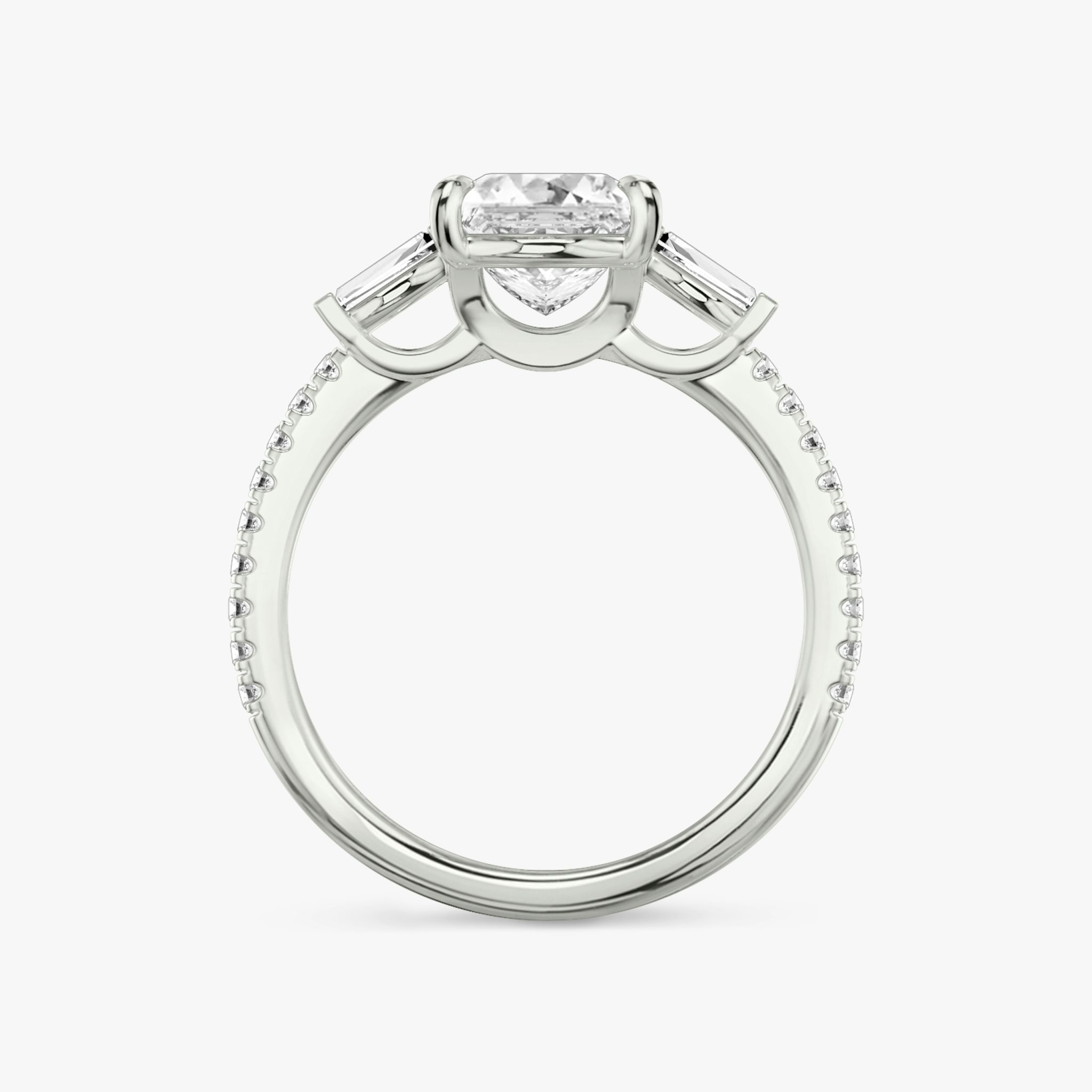 The Three Stone | Princess | Platinum | bandAccent: Pavé | sideStoneCarat: 0.10ct | sideStoneShape: Tapered Baguette | diamondOrientation: vertical | caratWeight: other