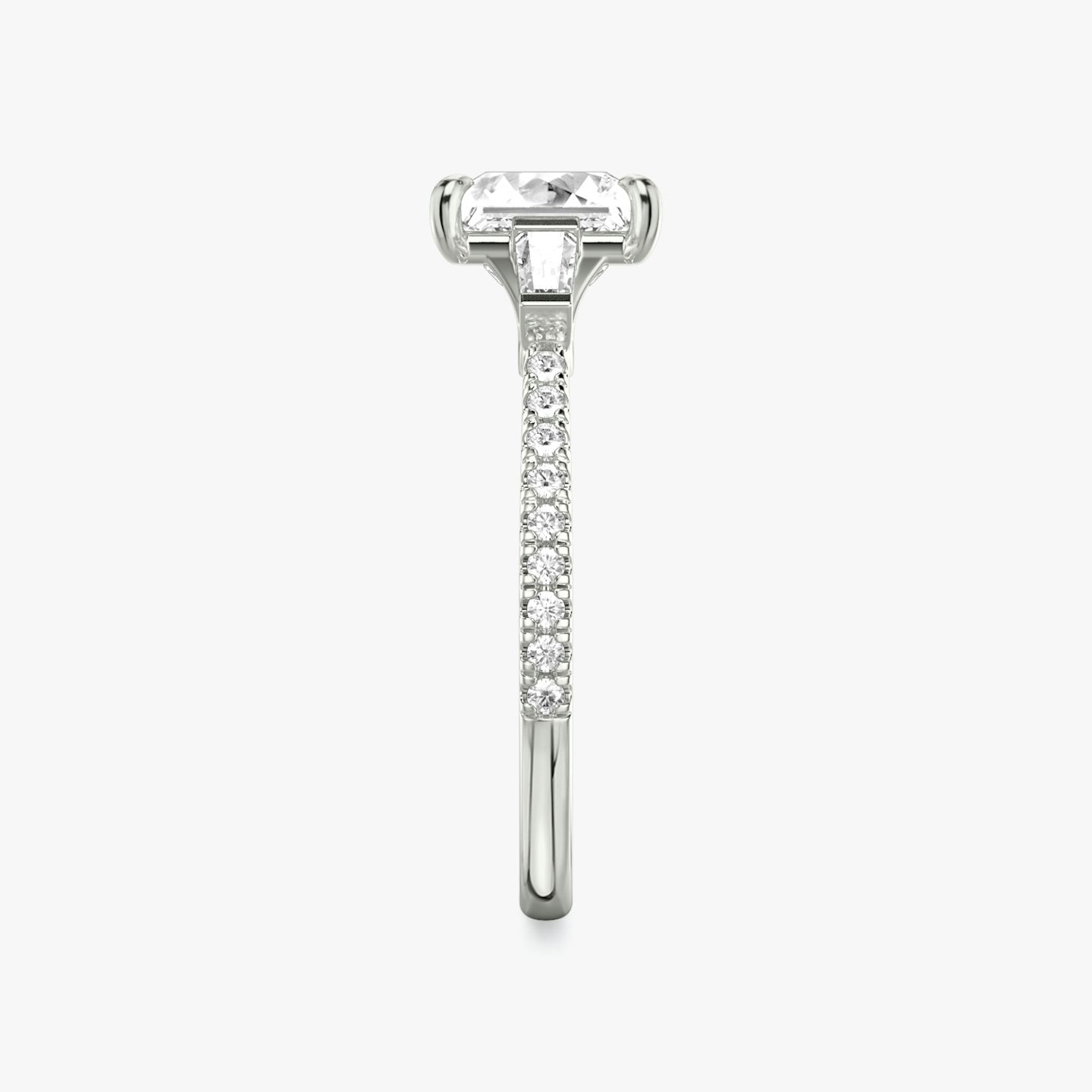 The Three Stone | Princess | Platinum | bandAccent: Pavé | sideStoneCarat: 0.10ct | sideStoneShape: Tapered Baguette | diamondOrientation: vertical | caratWeight: other