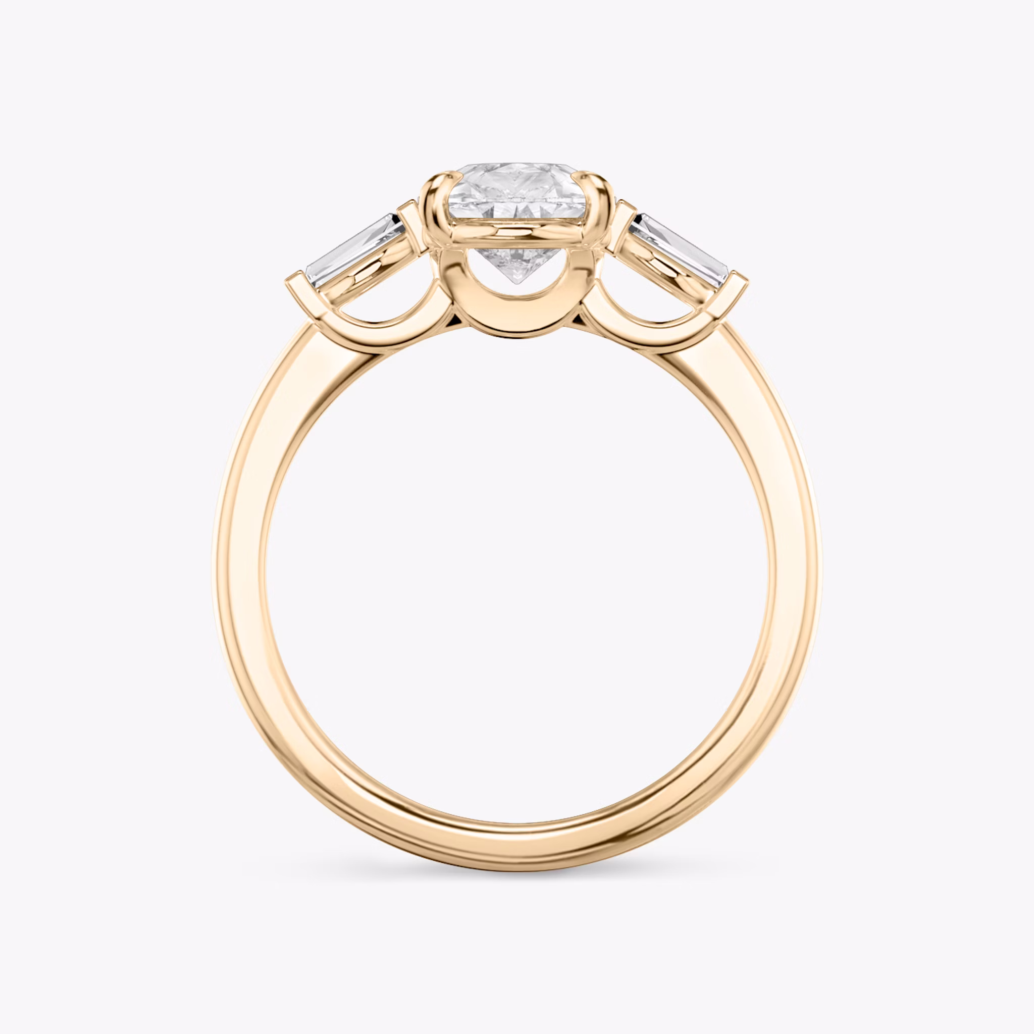 The Three Stone | Pear | 14k | Rose Gold | bandAccent: Plain | sideStoneCarat: 0.10ct | sideStoneShape: Tapered Baguette | diamondOrientation: vertical | caratWeight: other