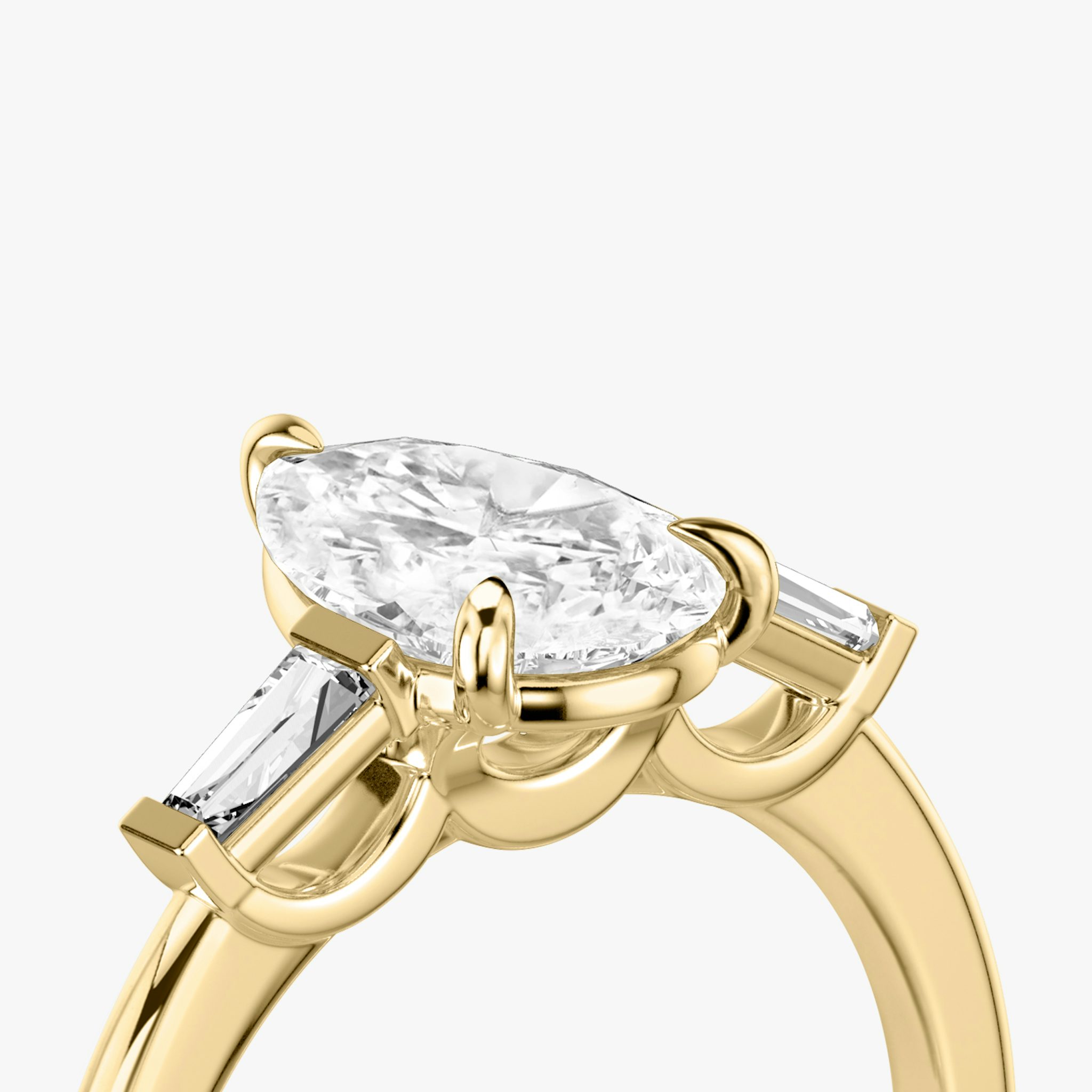 The Three Stone | Pear | 18k | Yellow Gold | bandAccent: Plain | sideStoneCarat: 0.10ct | sideStoneShape: Tapered Baguette | diamondOrientation: vertical | caratWeight: other