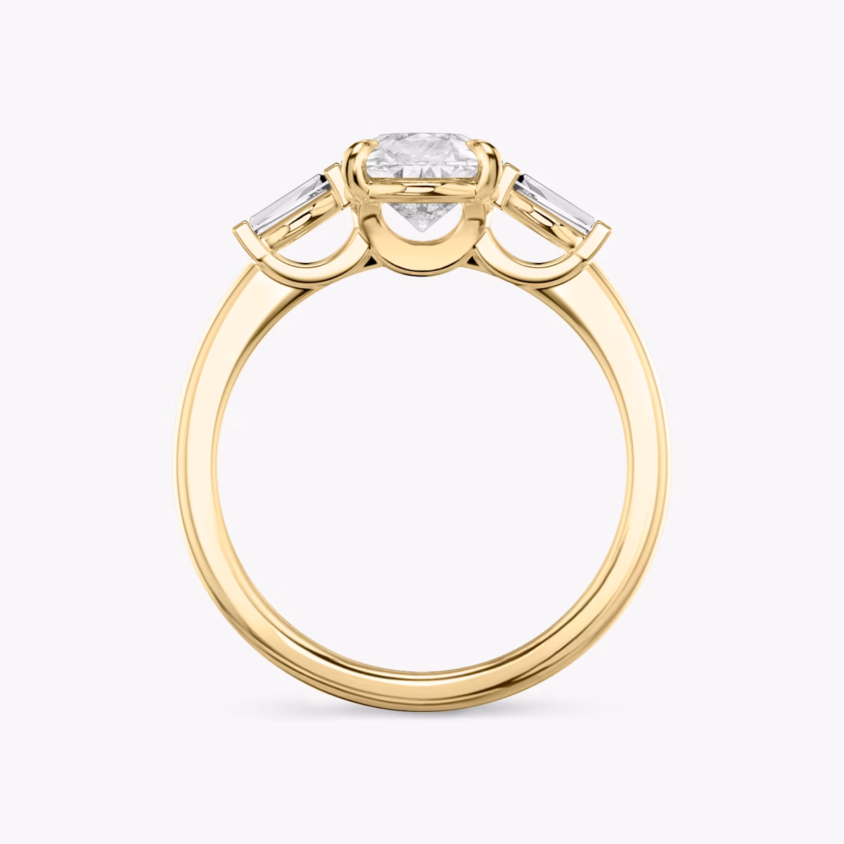The Three Stone | Pear | 18k | Yellow Gold | bandAccent: Plain | sideStoneCarat: 0.10ct | sideStoneShape: Tapered Baguette | diamondOrientation: vertical | caratWeight: other