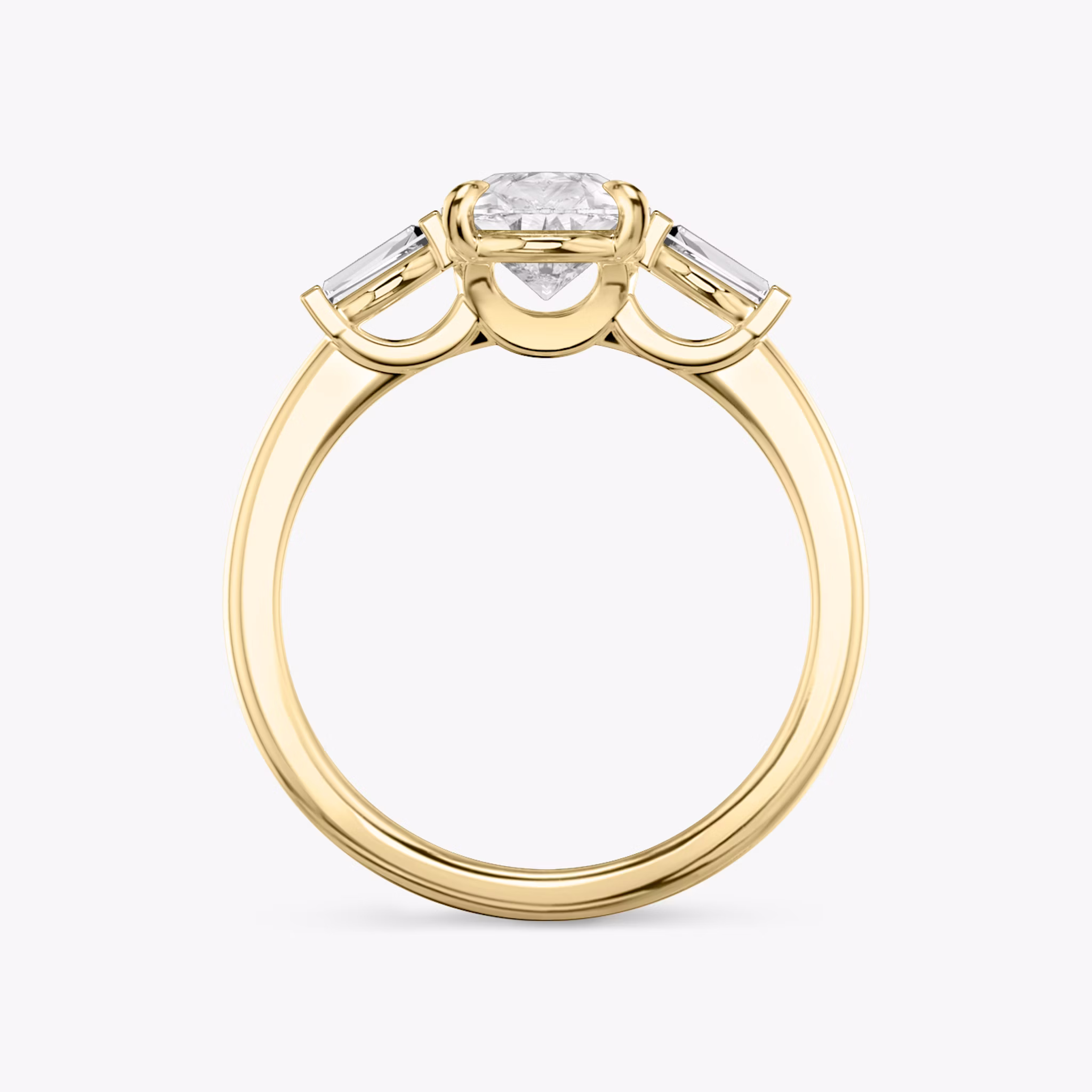 The Three Stone | Pear | 18k | Yellow Gold | bandAccent: Plain | sideStoneCarat: 0.10ct | sideStoneShape: Tapered Baguette | diamondOrientation: vertical | caratWeight: other