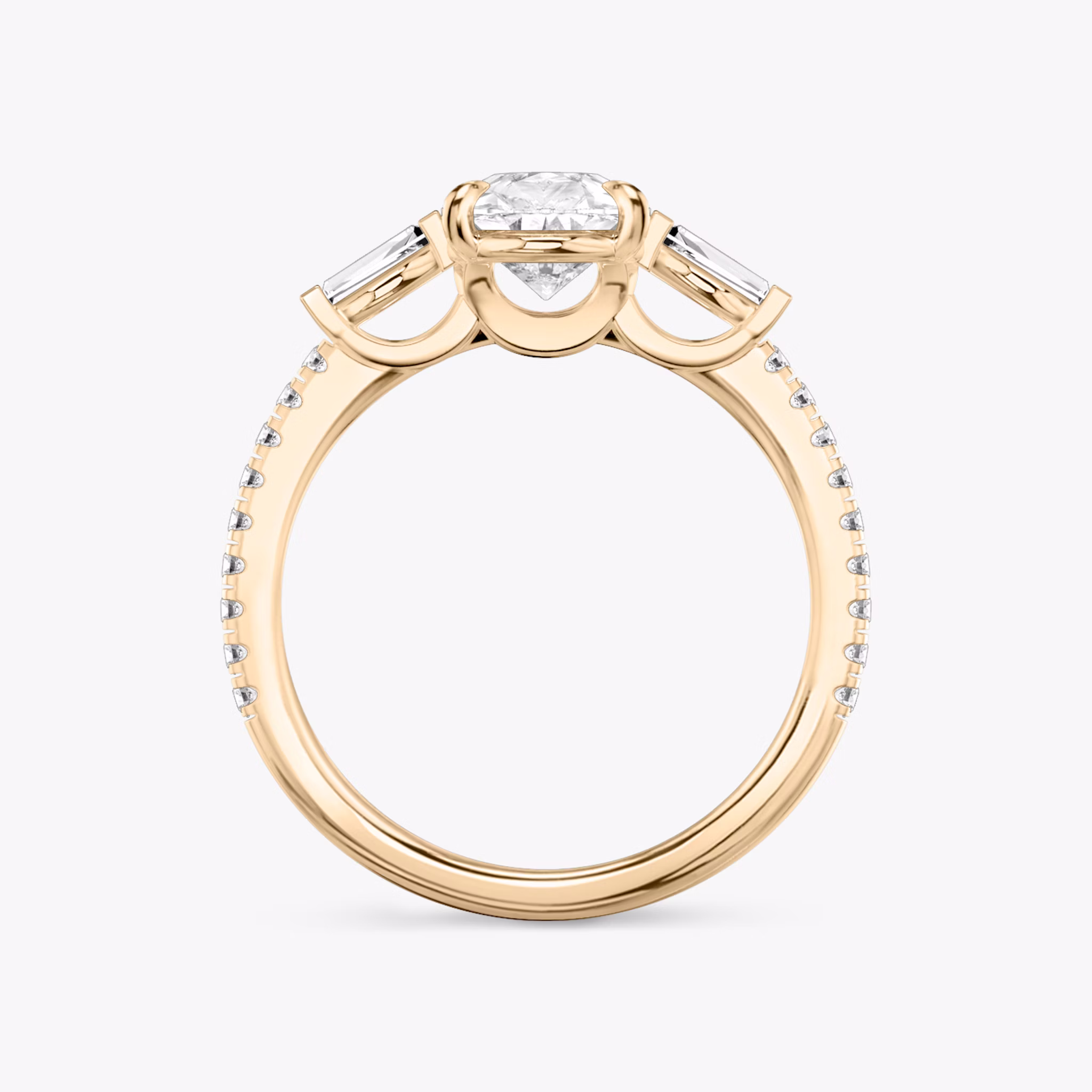 The Three Stone | Pear | 14k | Rose Gold | bandAccent: Pavé | sideStoneCarat: 0.10ct | sideStoneShape: Tapered Baguette | diamondOrientation: vertical | caratWeight: other